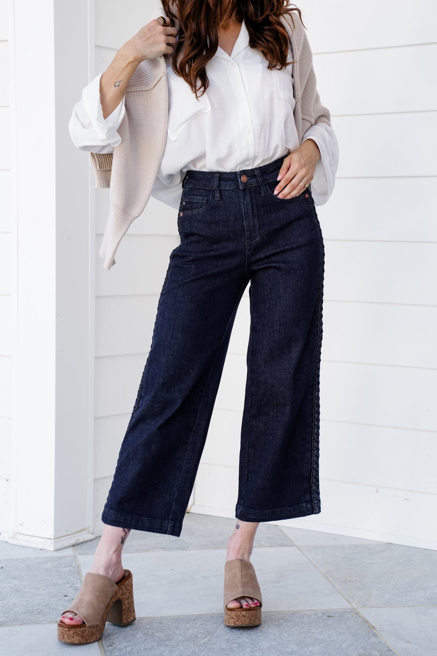 Judy Blue High Rise Dark Wash Cropped Jeans with Side Seam Braid Detail
