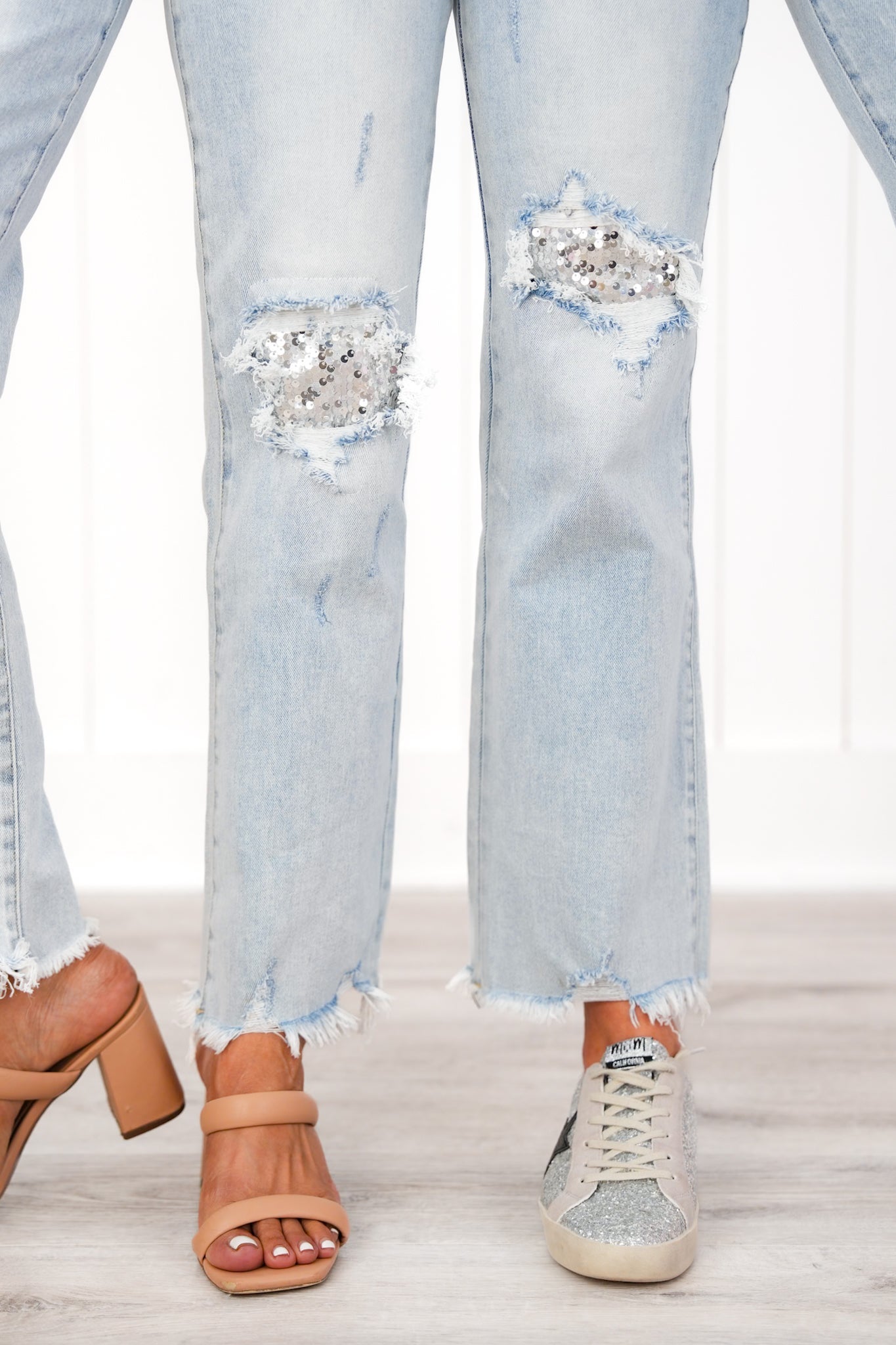 Risen High Rise Acid Wash Sequin Knee Patches Relaxed Straight Leg Jeans