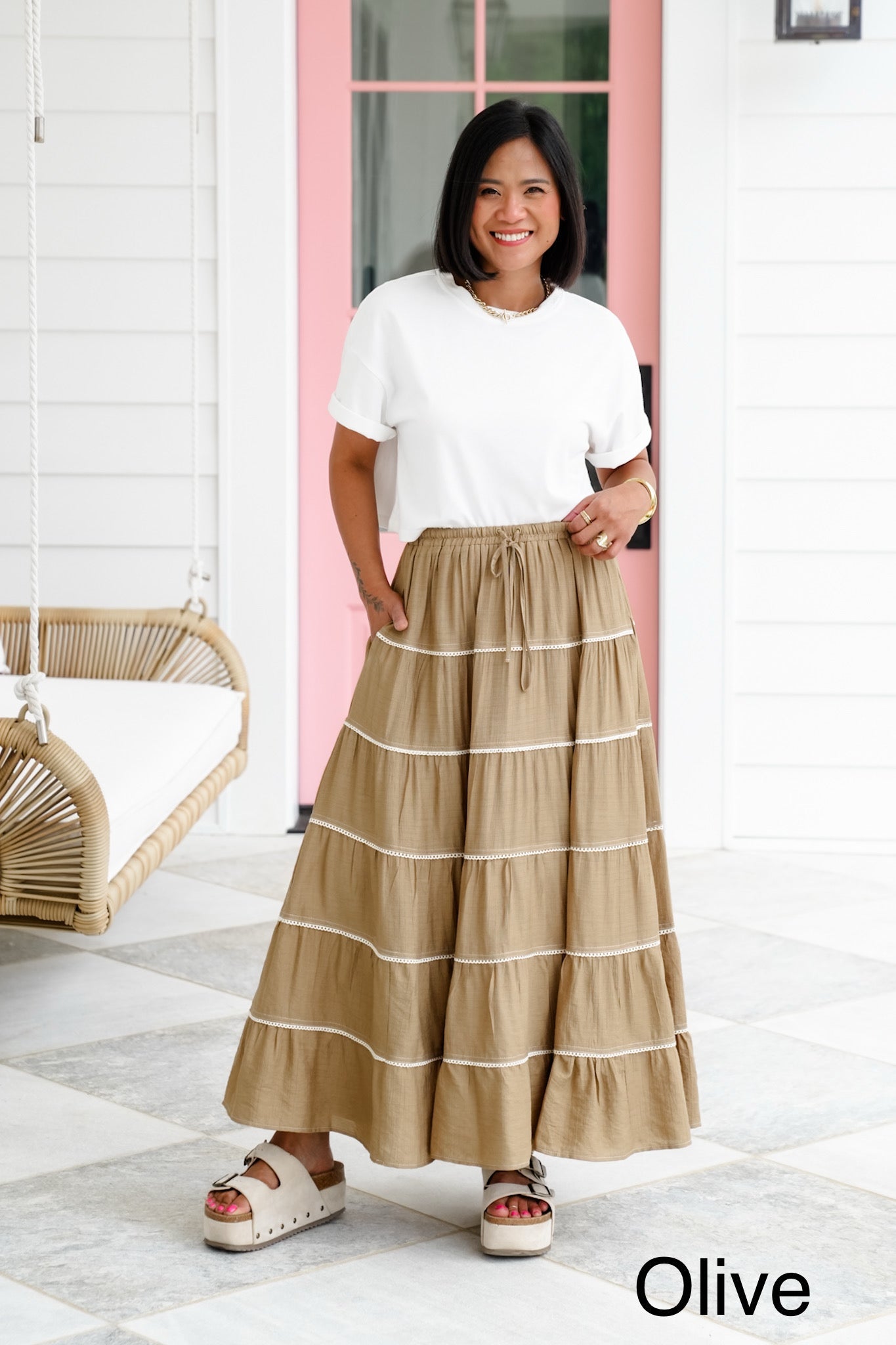 Elastic Waist Tiered Maxi Skirt with Crochet Trim Detail
