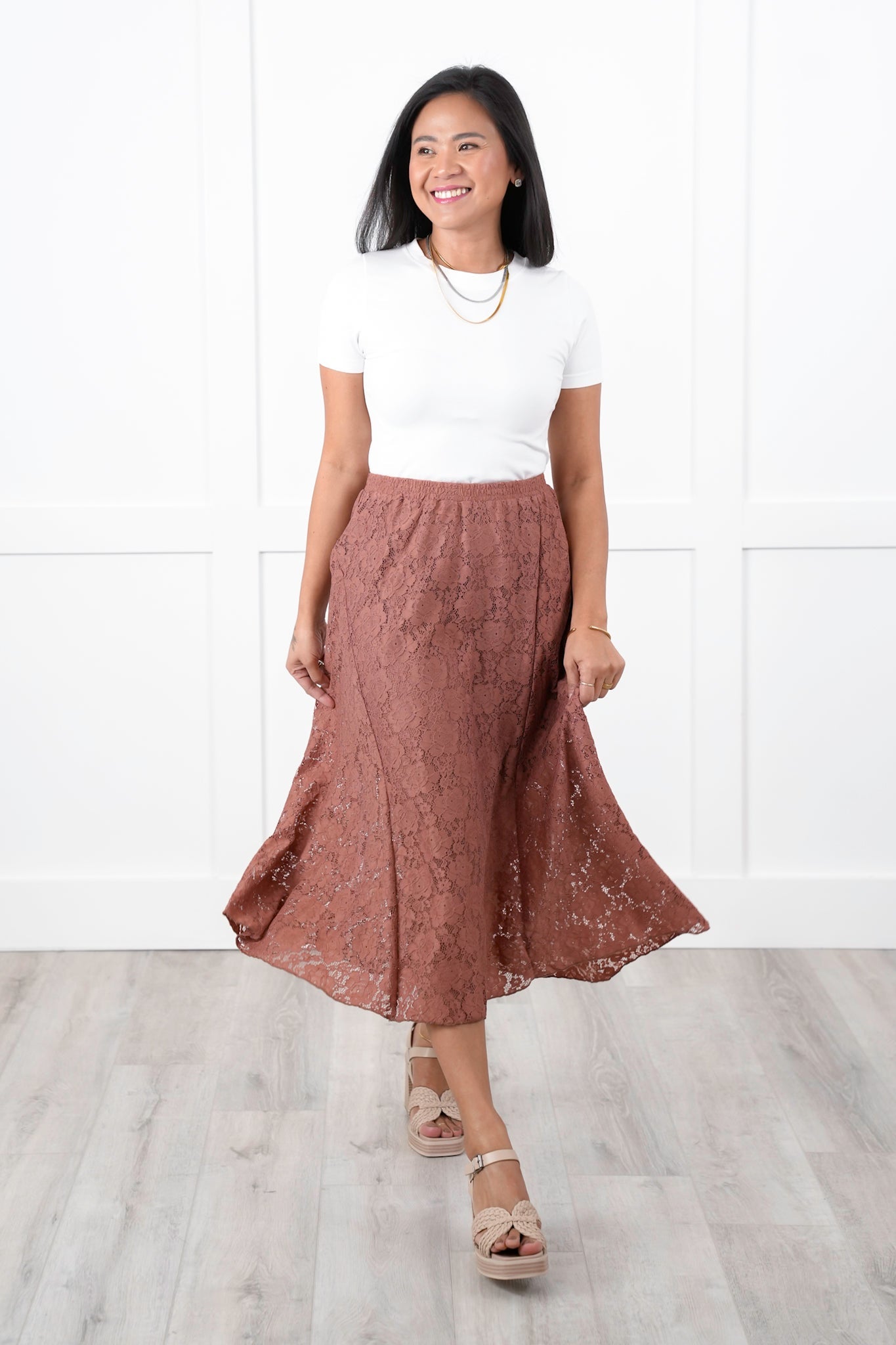 Floral Lace Elastic Waist Midi Skirt