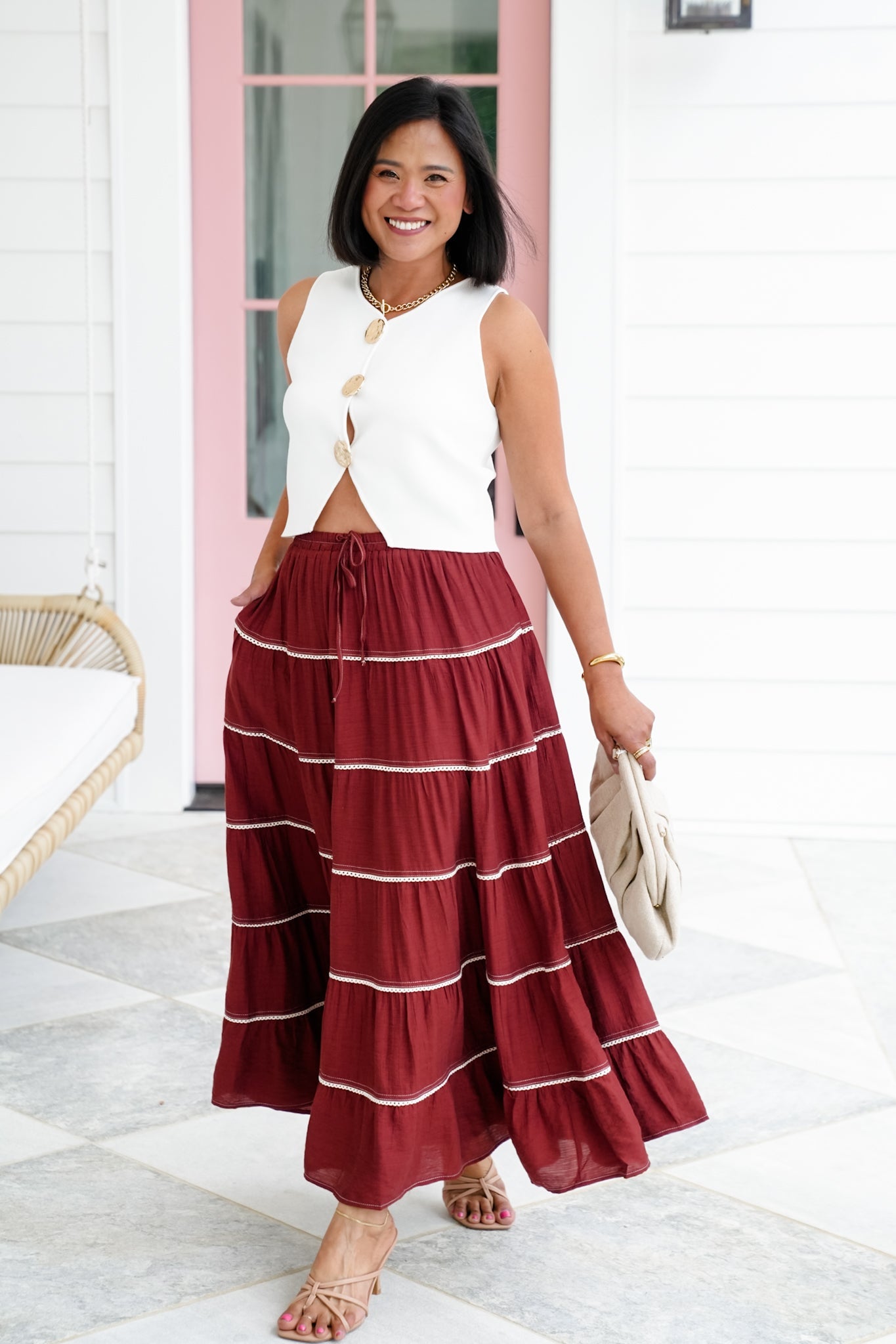 Elastic Waist Tiered Maxi Skirt with Crochet Trim Detail