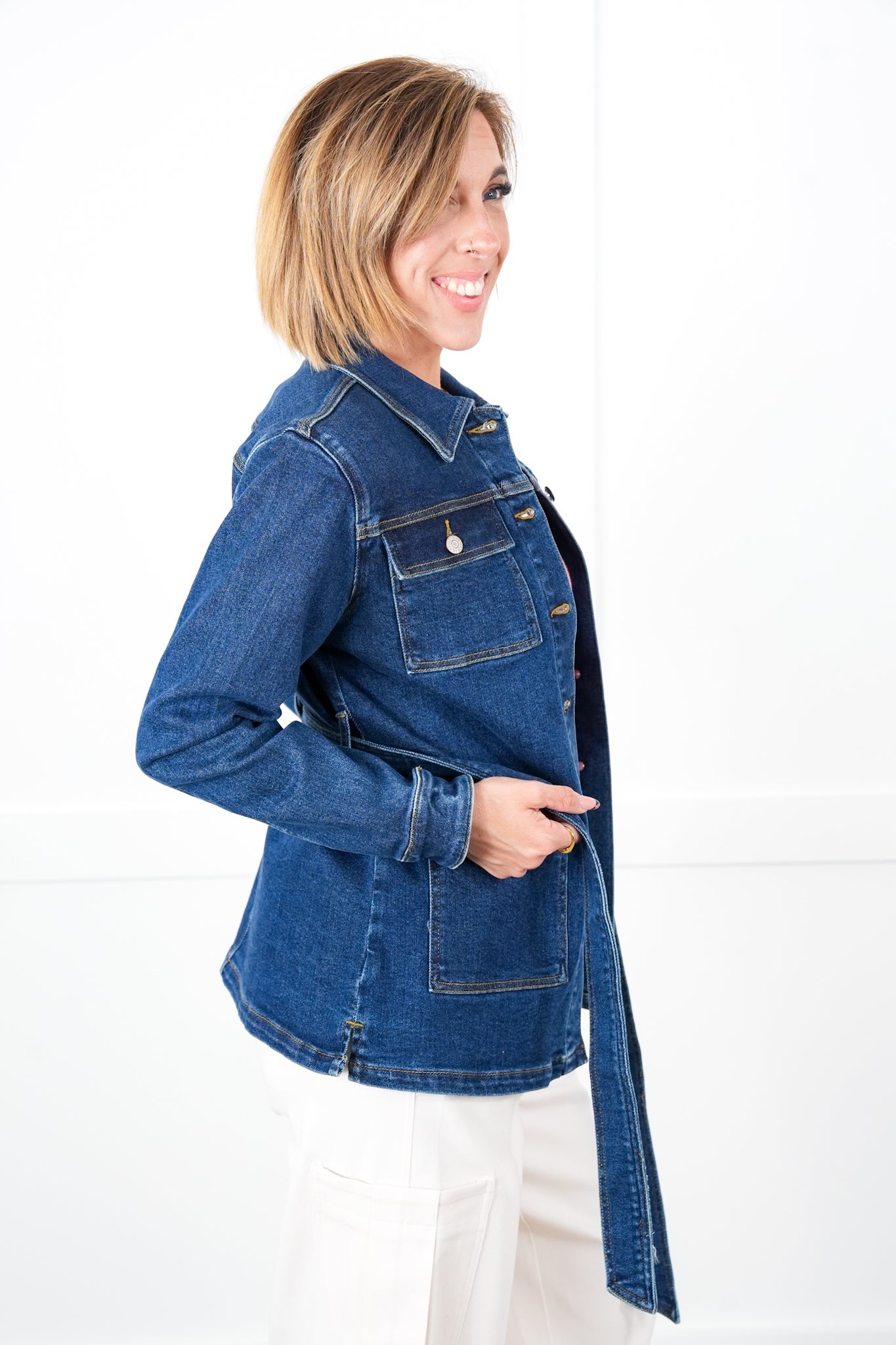Plus/Reg Judy Blue Dark Denim Button Down Mid Length Utility Jacket