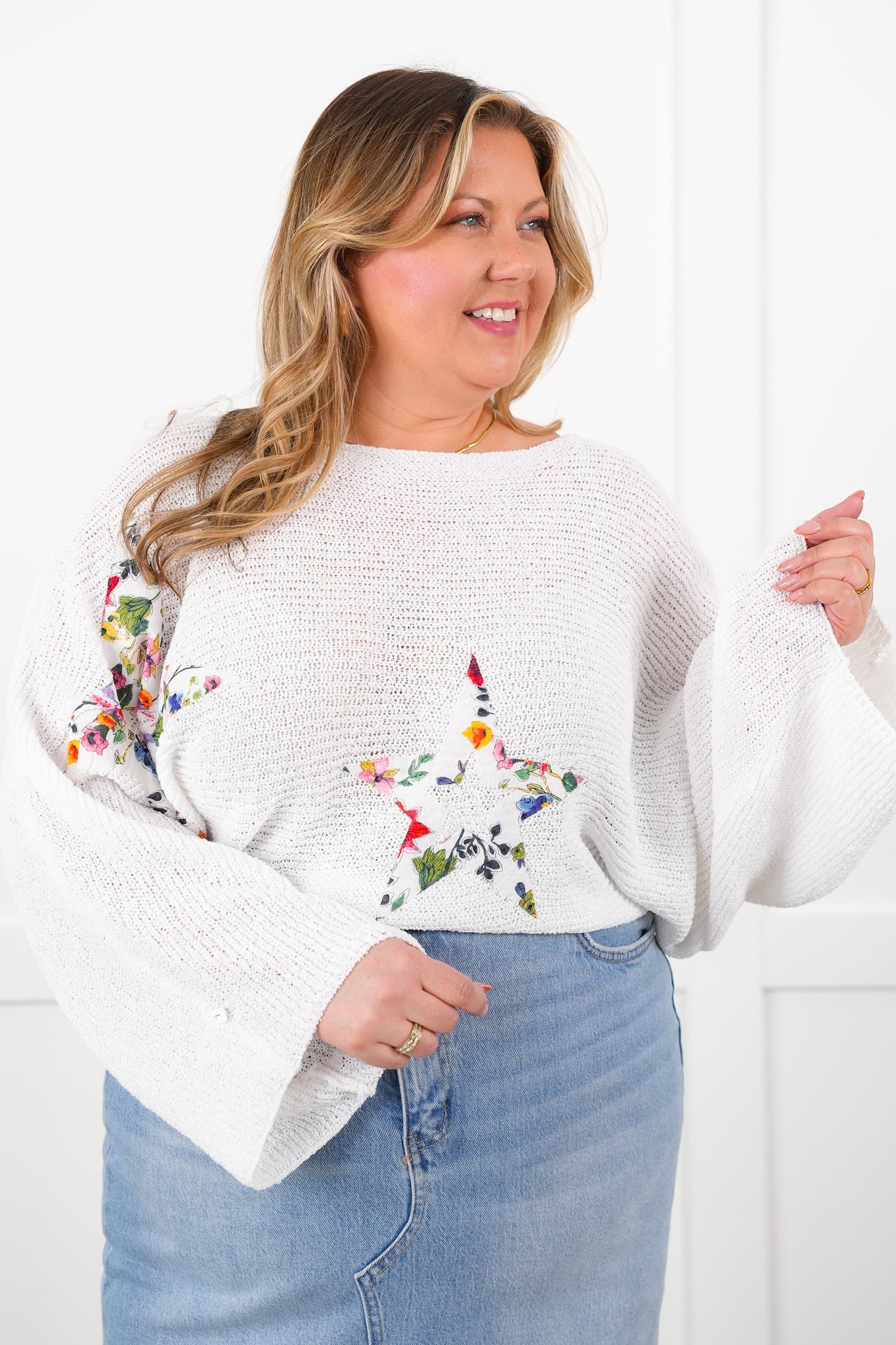 POL Long Dolman Sleeve Cropped Sweater with Floral Star Patch Detail