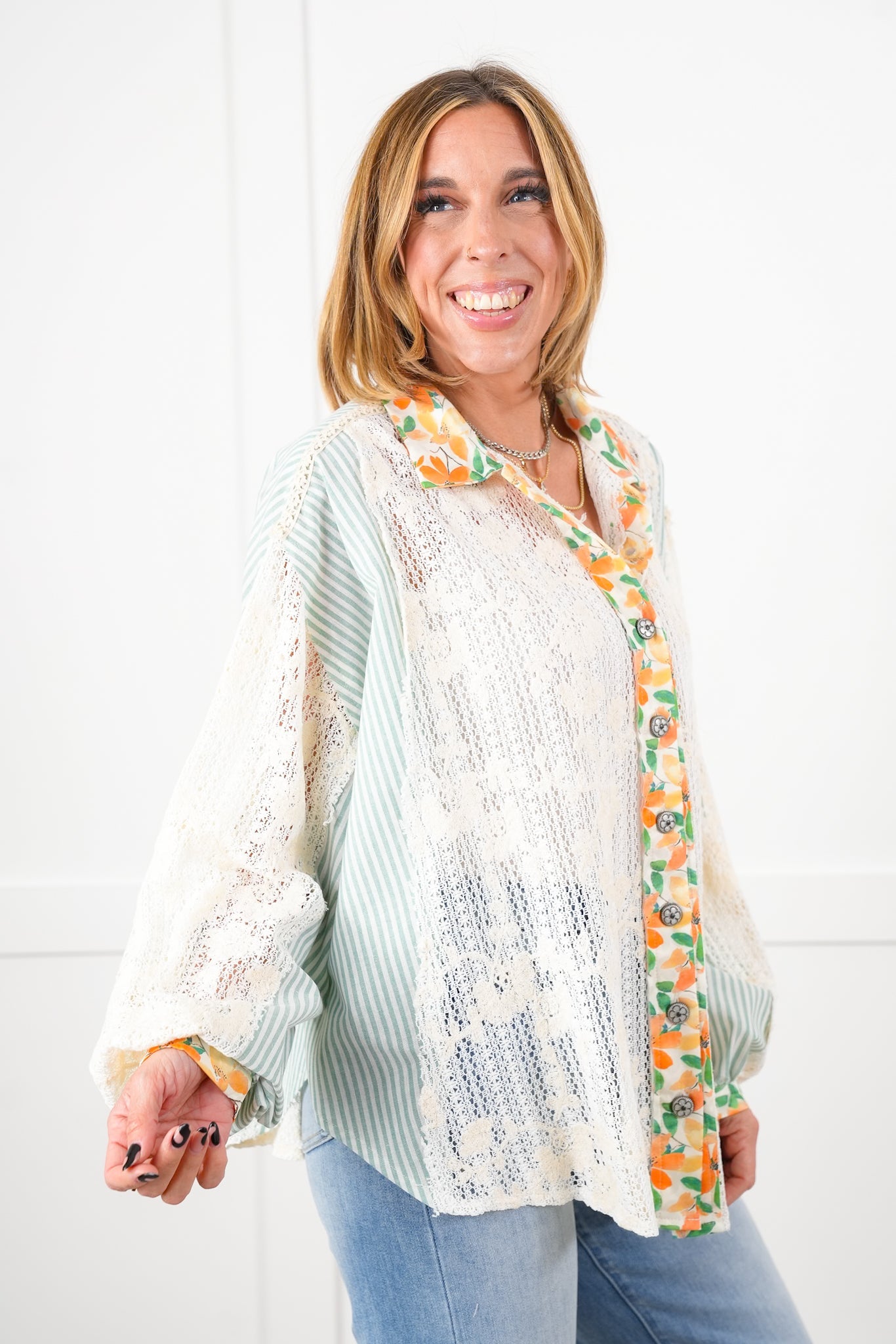 POL Stripe Long Sleeve Button Down Shacket with Floral and Lace Detail - New Colors!