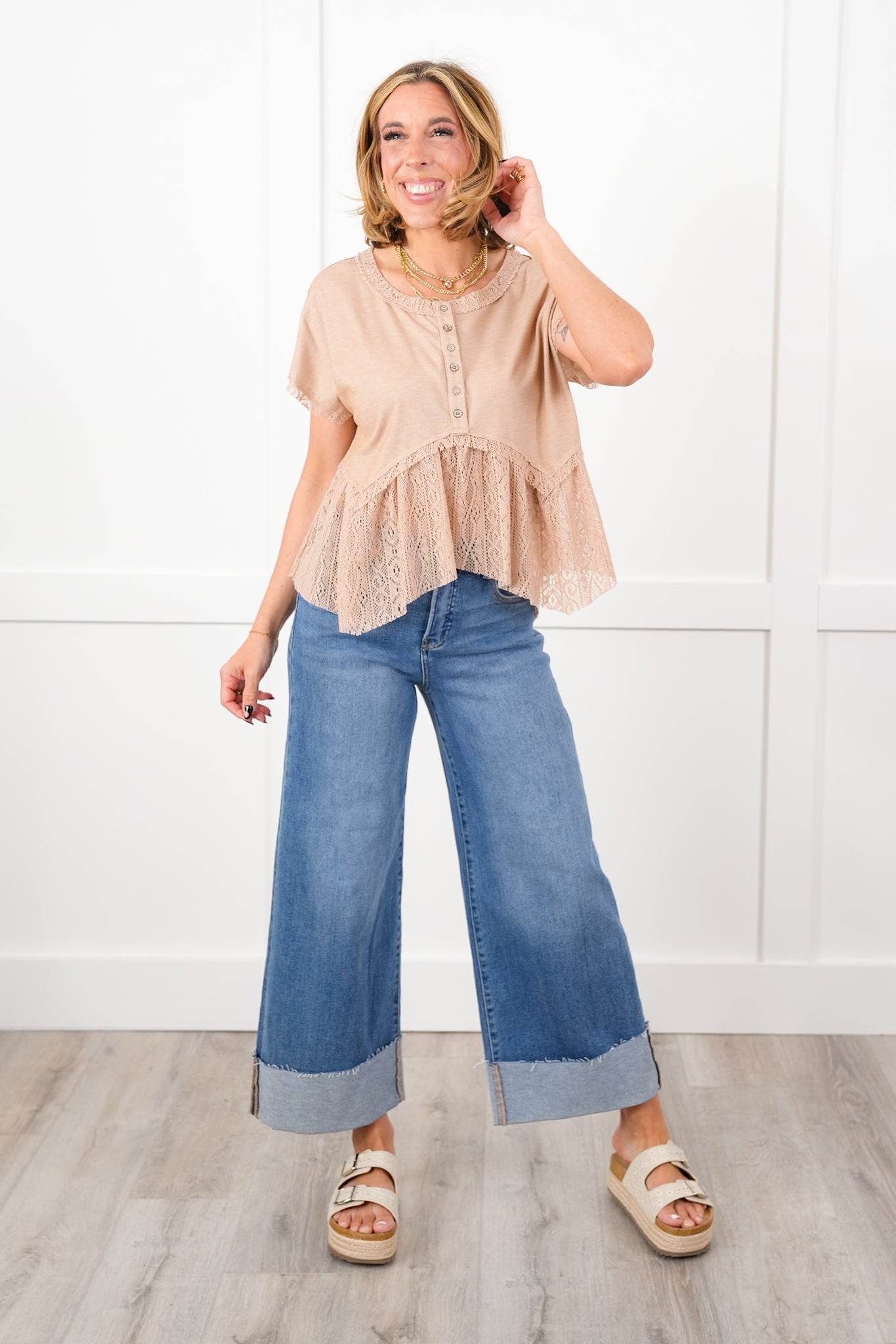POL Short Sleeve Button Up Knit Top with Crochet Detail