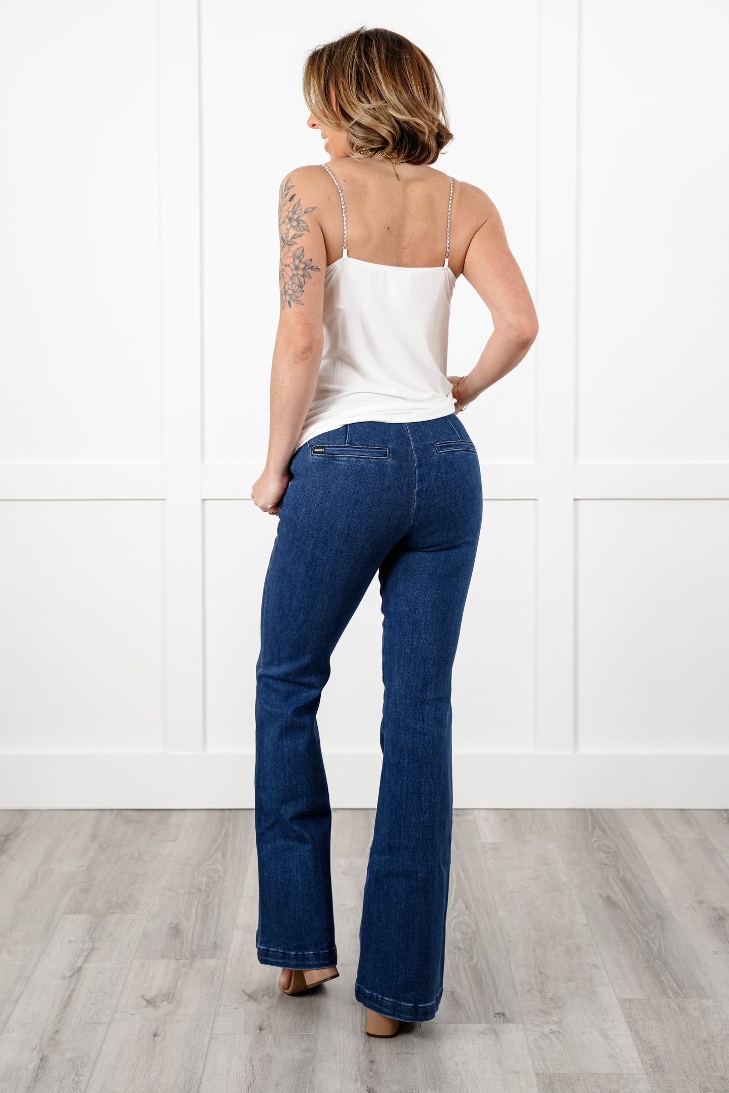Special A High Rise Dark Wash Tummy Control Flare Jeans with Front Seam Detail