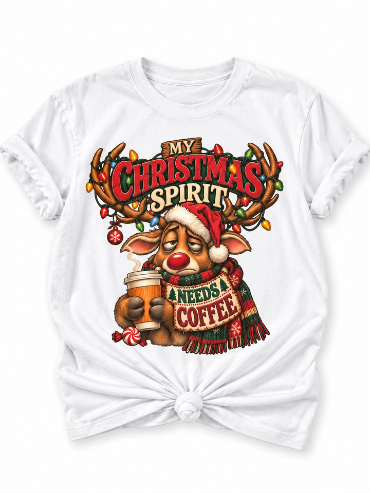 Plus/Reg Short Sleeve My Christmas Spirit Needs a Coffee Reindeer Graphic Tee