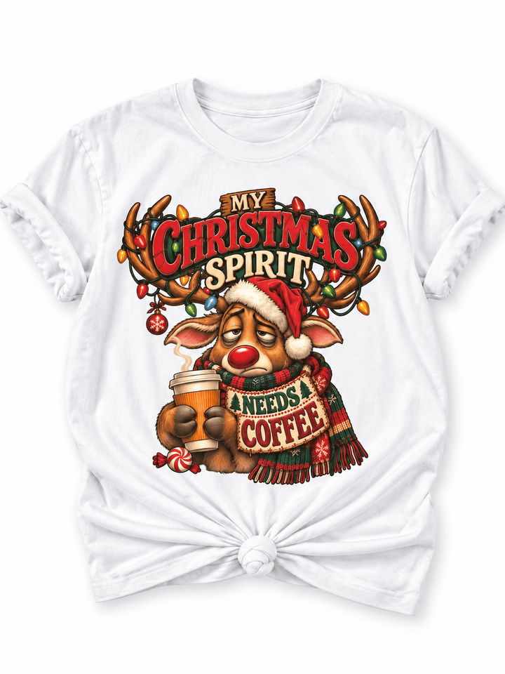 Plus/Reg Short Sleeve "My Christmas Spirit Needs a Coffee" Reindeer Graphic Tee - Freckled Poppy
