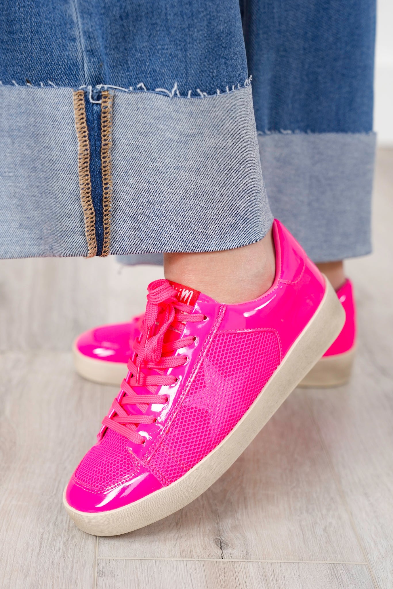Patent Finish Low Top Sneaker with Mesh Panel Accents
