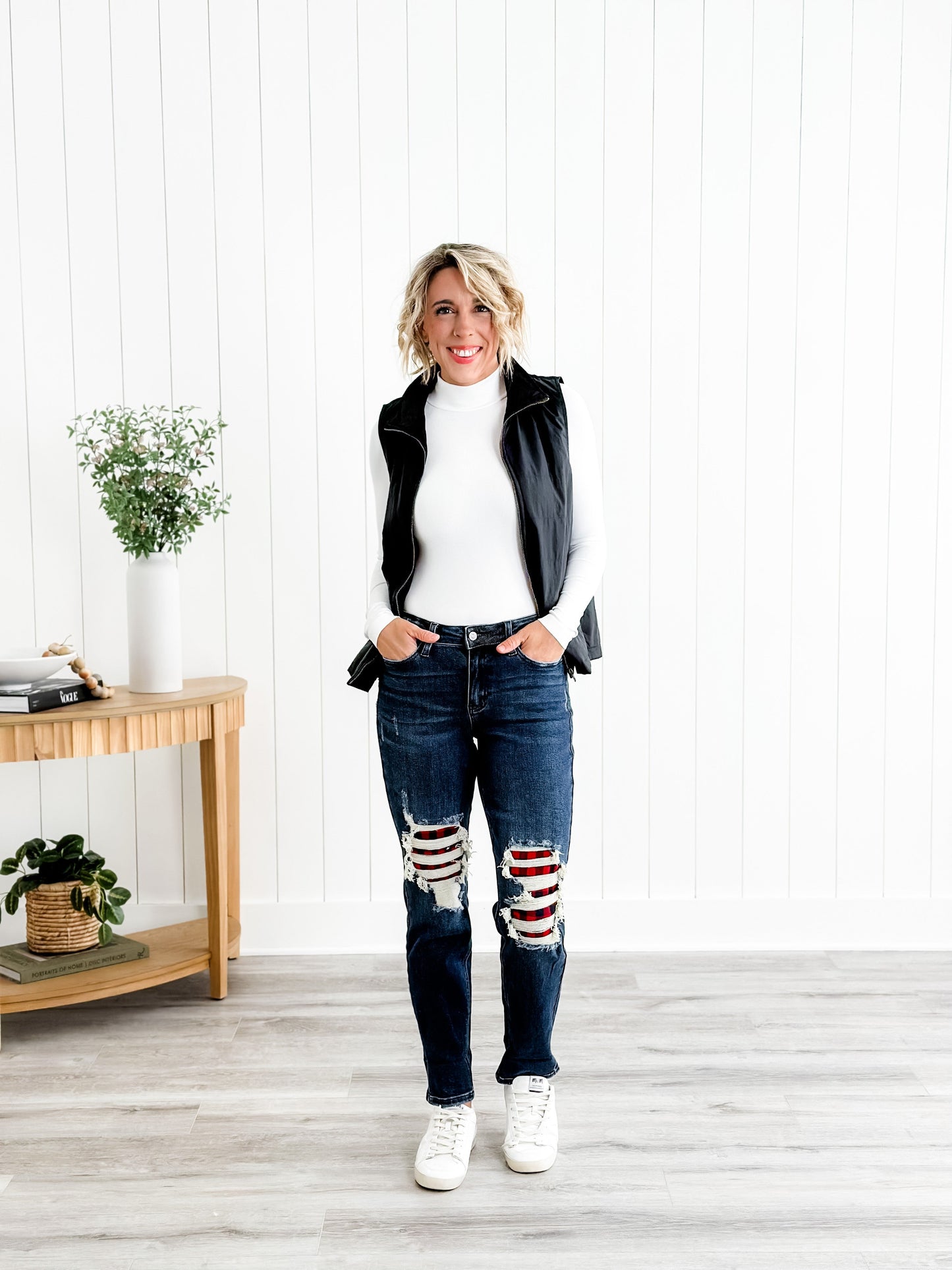 Judy Blue Warm and Cozy Mid Rise Dark Wash Boyfriend Buffalo Plaid Knee Destroy Patches With Cuff Jeans