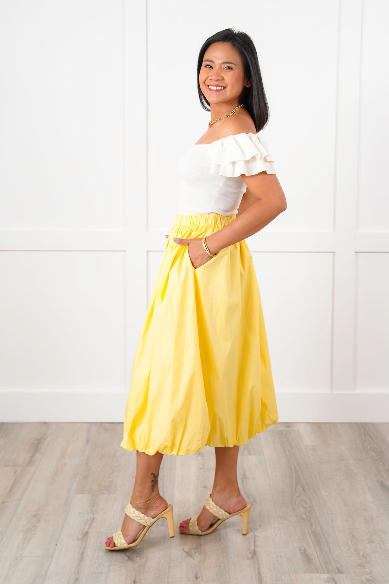 Yellow Elastic Waist Midi Bubble Skirt with Side Pockets