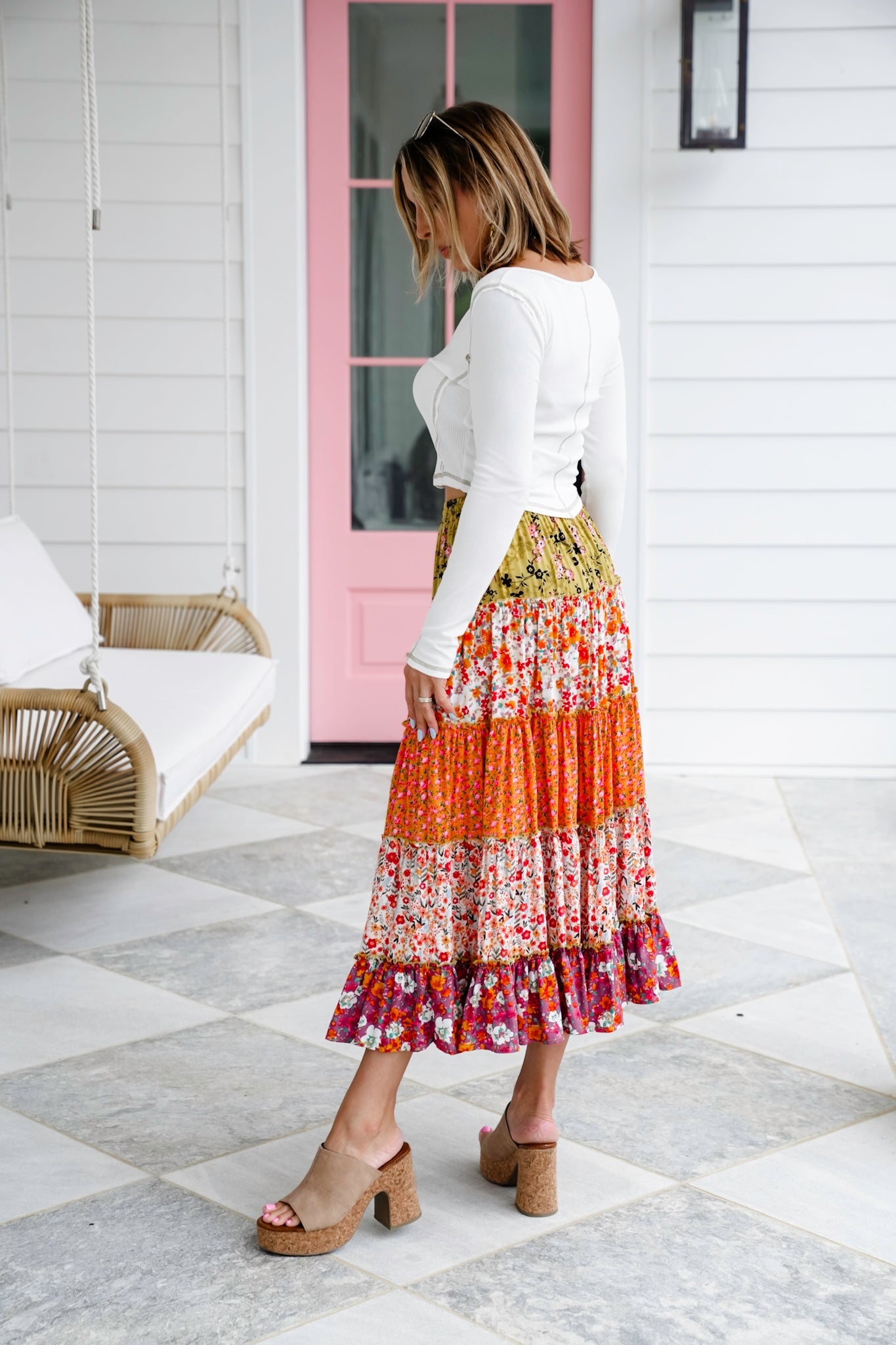 Plus/Reg Mixed Floral Print Elastic Waist Tiered Skirt