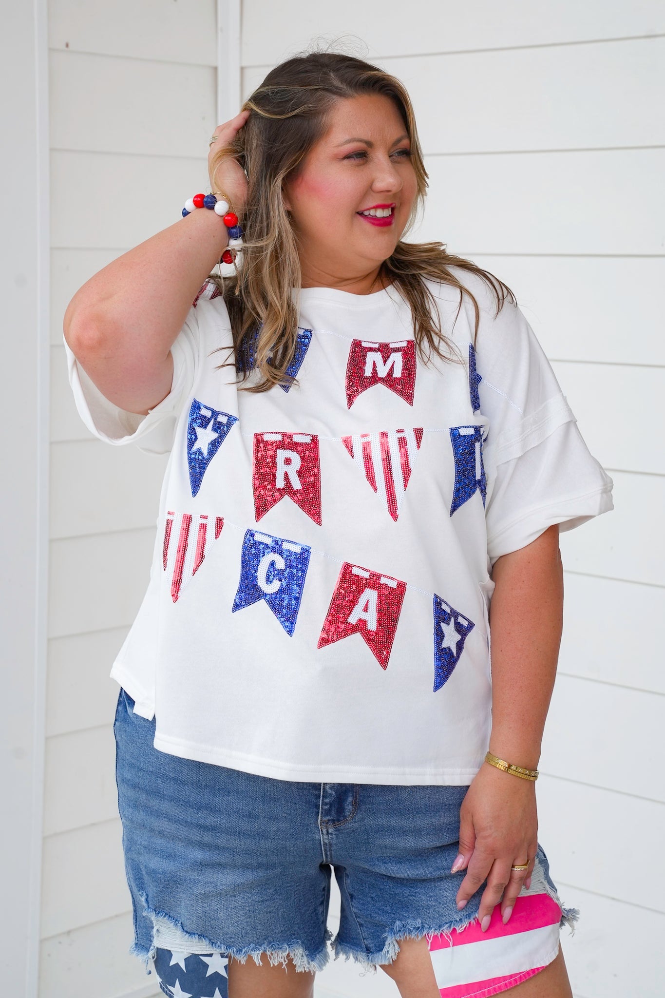 Short Sleeve Top With Sequin "America" Flags Detail