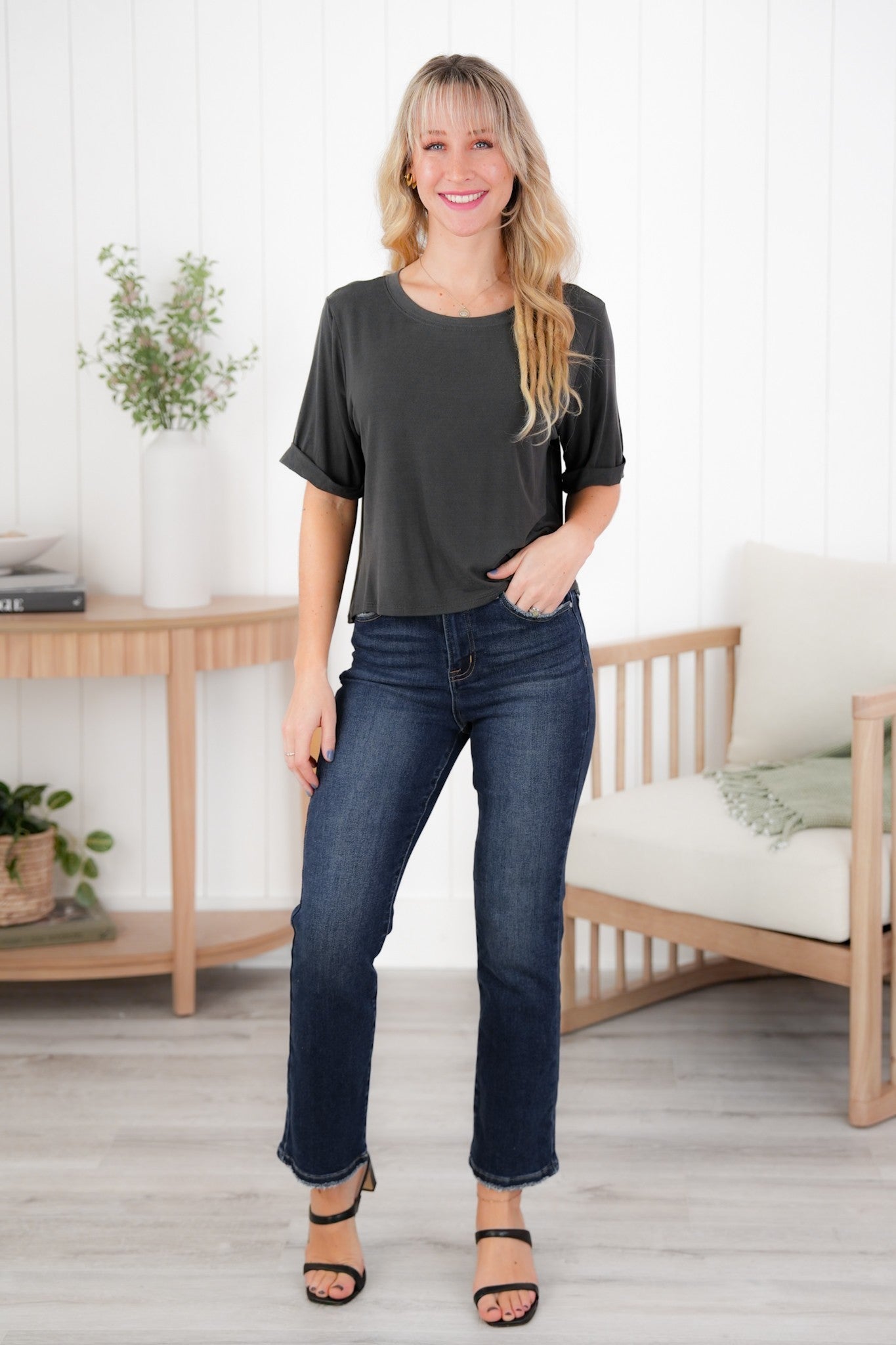 Plus/Reg Solid Short Cuffed Sleeve Top (Multiple Colors)