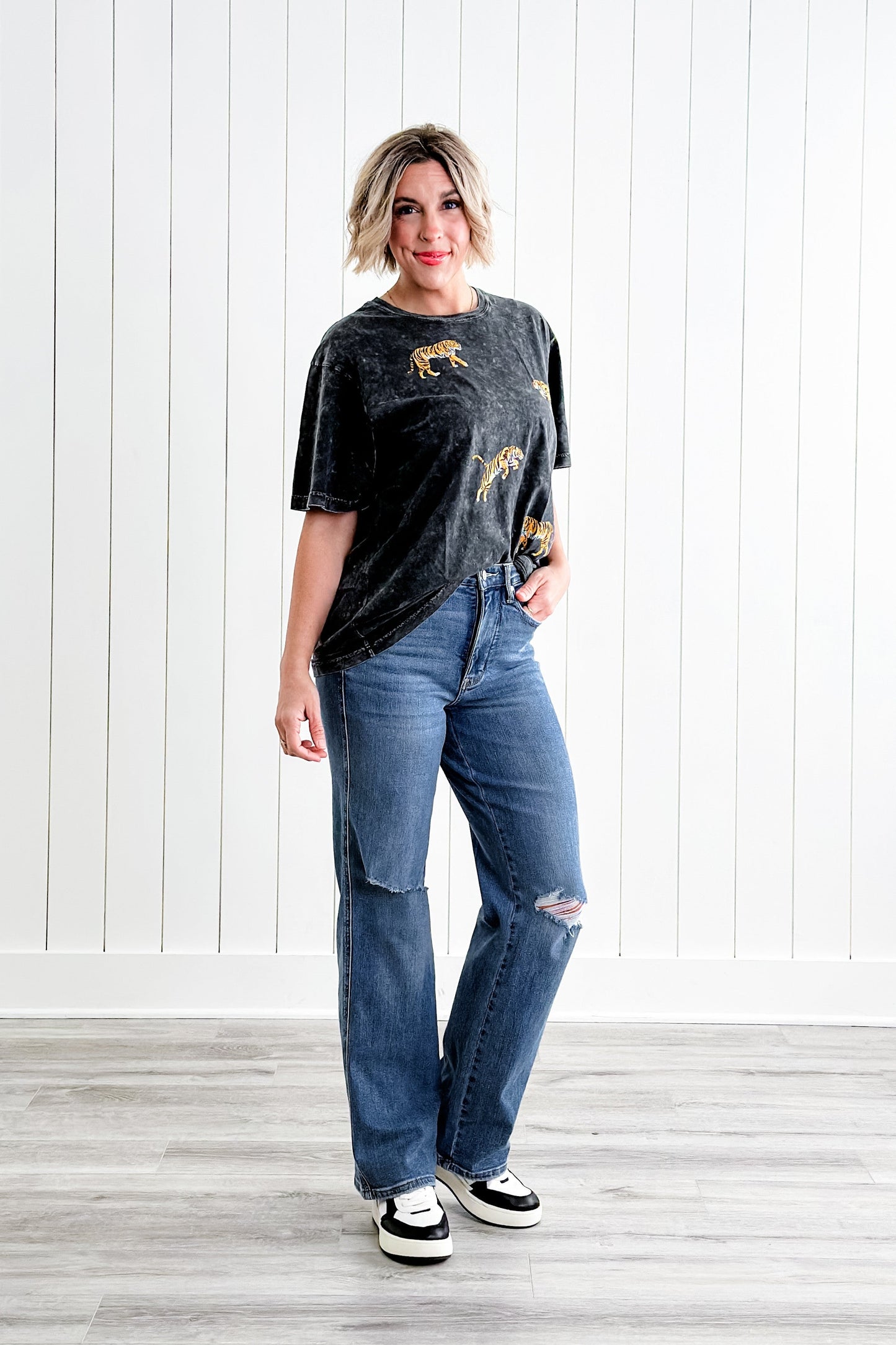 Judy Blue Teen Spirit High Rise Medium Wash Tummy Control Destroyed Knee Straight Leg Jeans