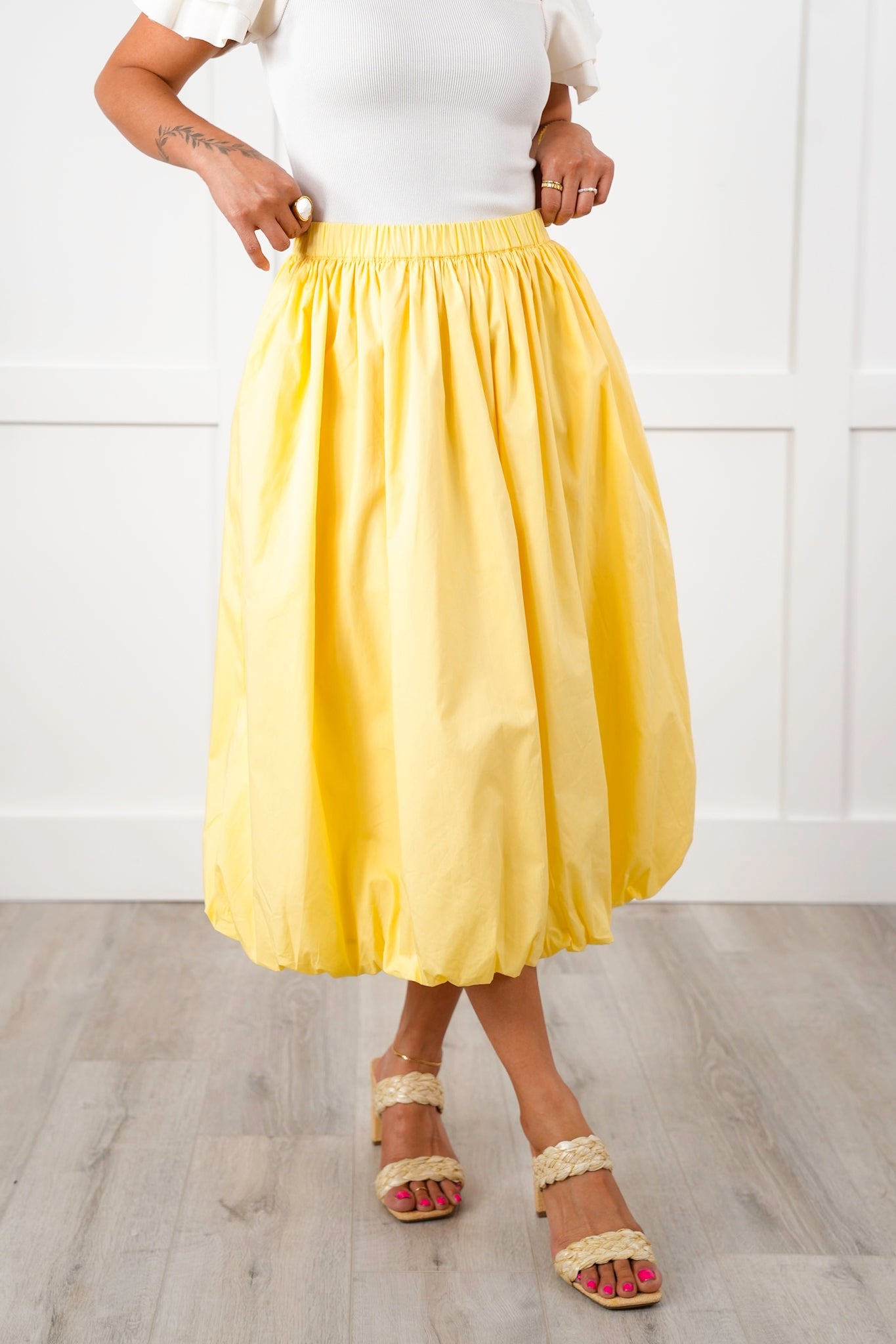 Yellow Elastic Waist Midi Bubble Skirt with Side Pockets