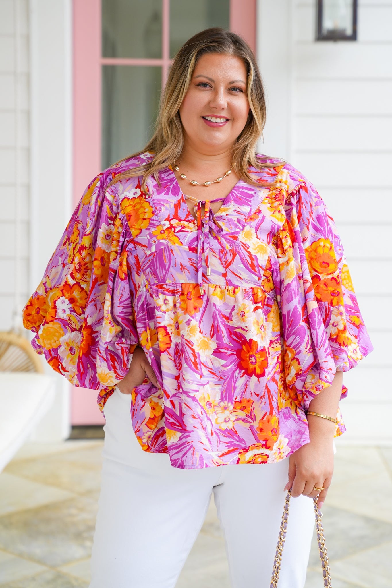 Plus/Reg Tropical Floral Print Dolman Sleeve V Neck Top