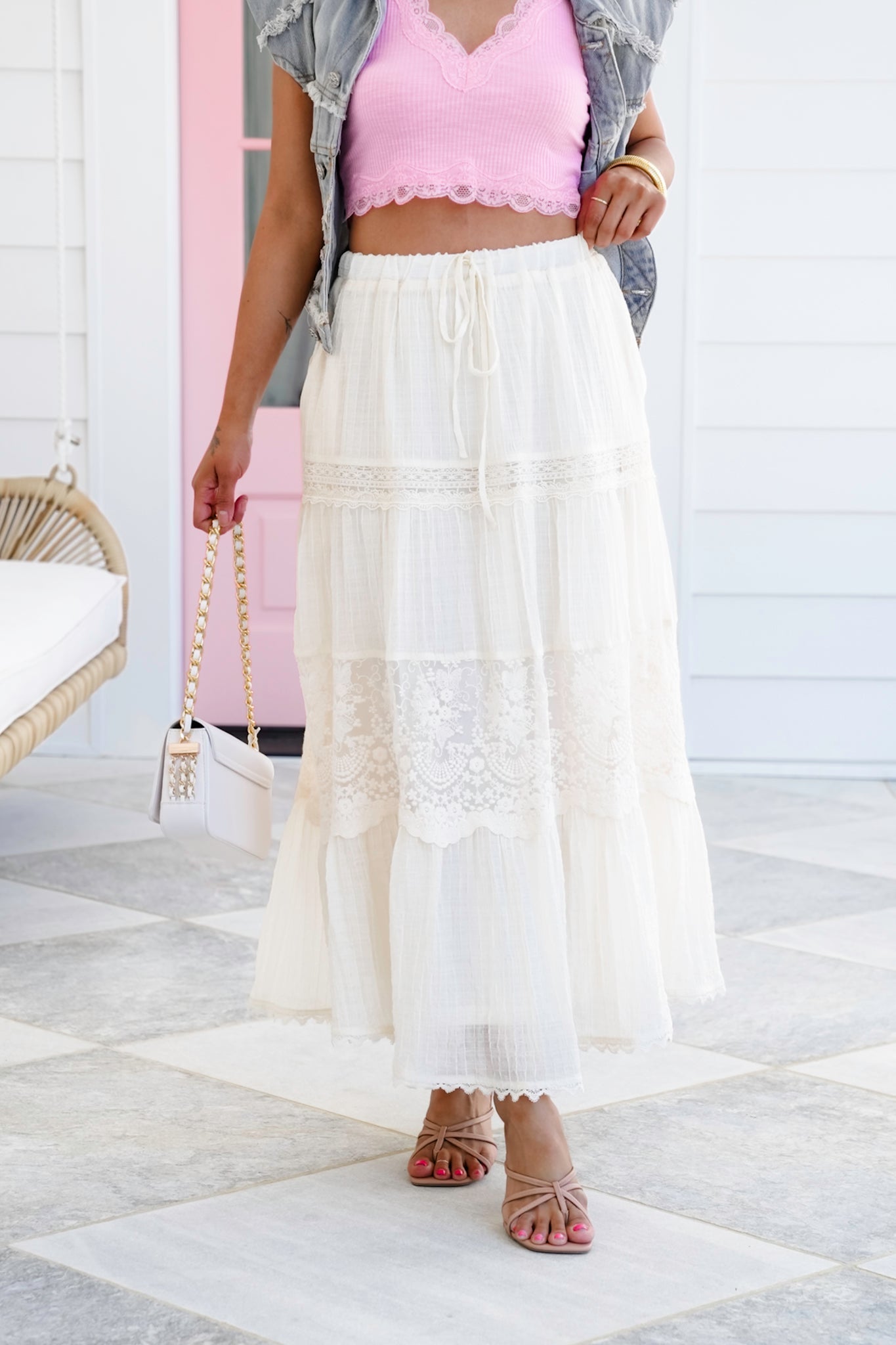 Elastic Waist Midi Skirt with Lace Detail