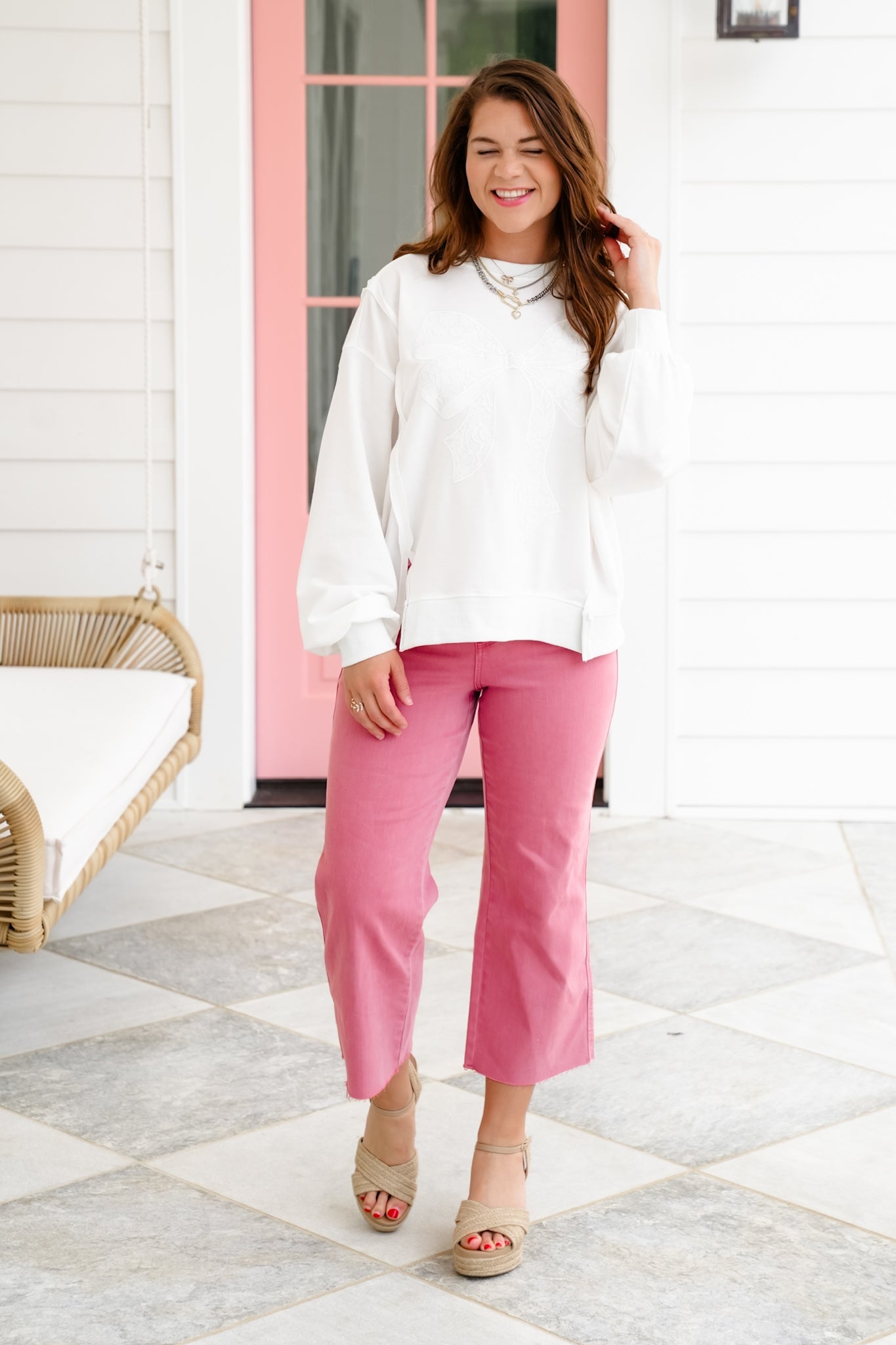 Long Sleeve Pullover Sweatshirt with Lace Bow Detail