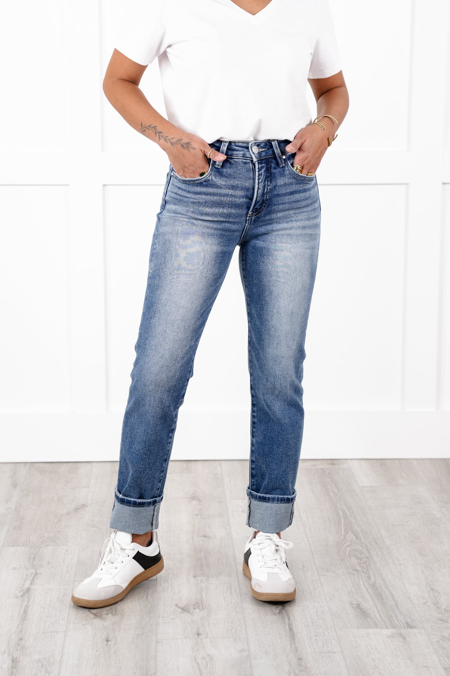 Risen High Rise Medium Wash Tummy Control Straight Leg Cuffed Jeans