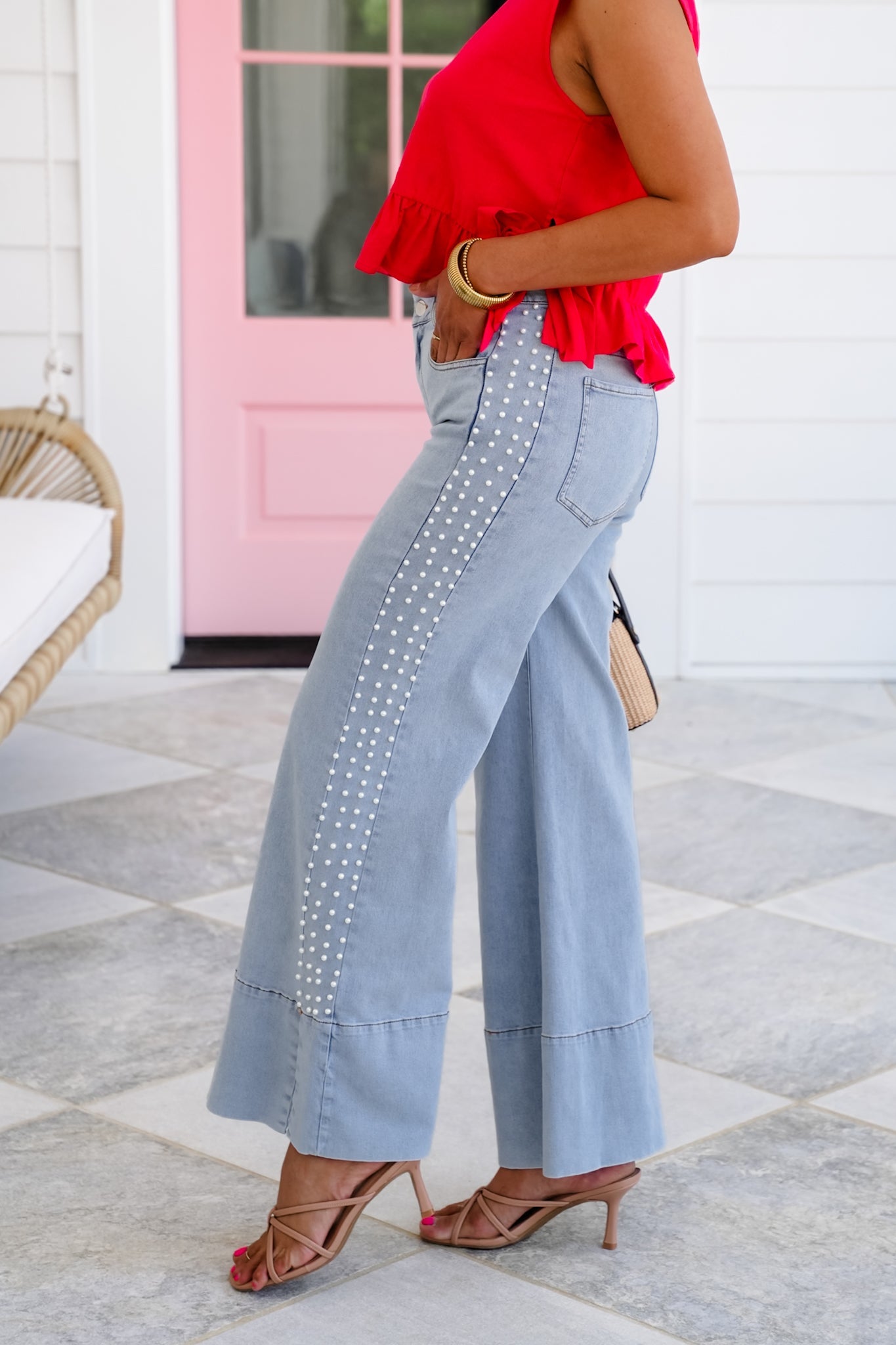 Light Denim Mid Rise Flared Leg Jeans with Pearl Detail