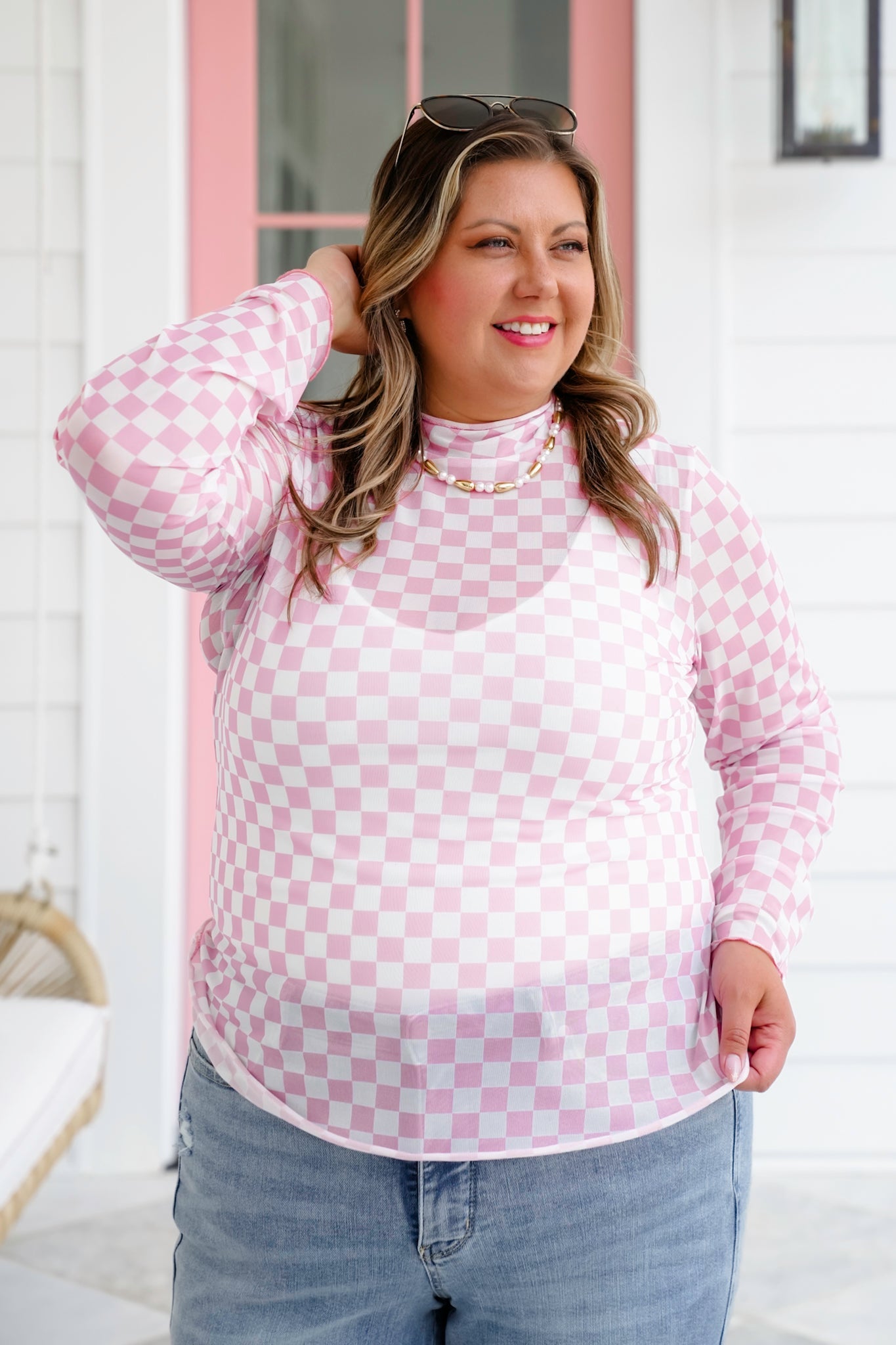 Plus/Reg Checkered Mesh Long Sleeve Mock Neck Top