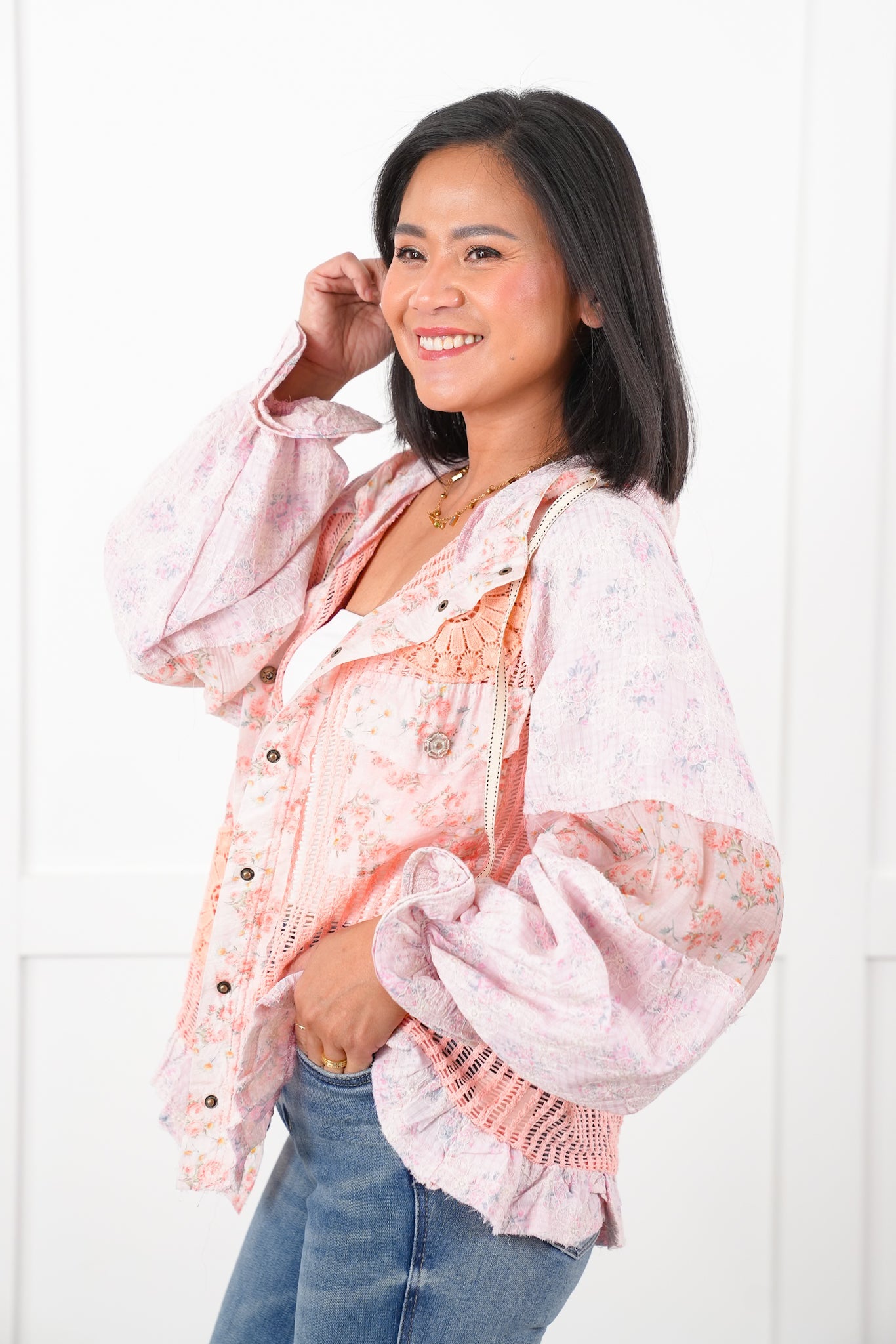 POL Crochet and Floral Long Sleeve Hooded Jacket