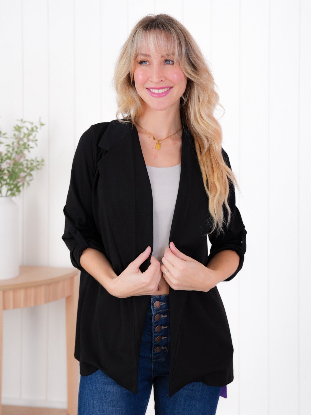 DOOR BUSTER! Plus/Reg Solid Long Sleeve Open Blazer With Side Pockets (Multiple Colors)