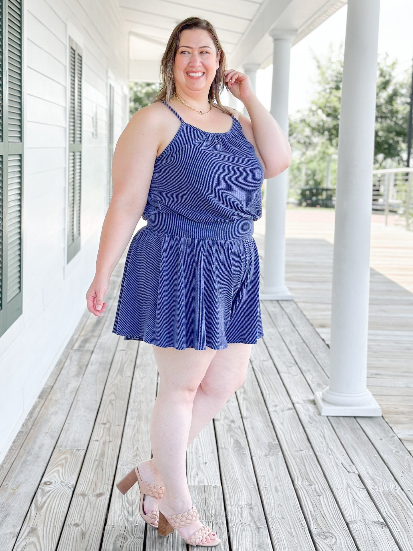 Plus/Reg Sleeveless Rib Knit Romper With Elastic Waist