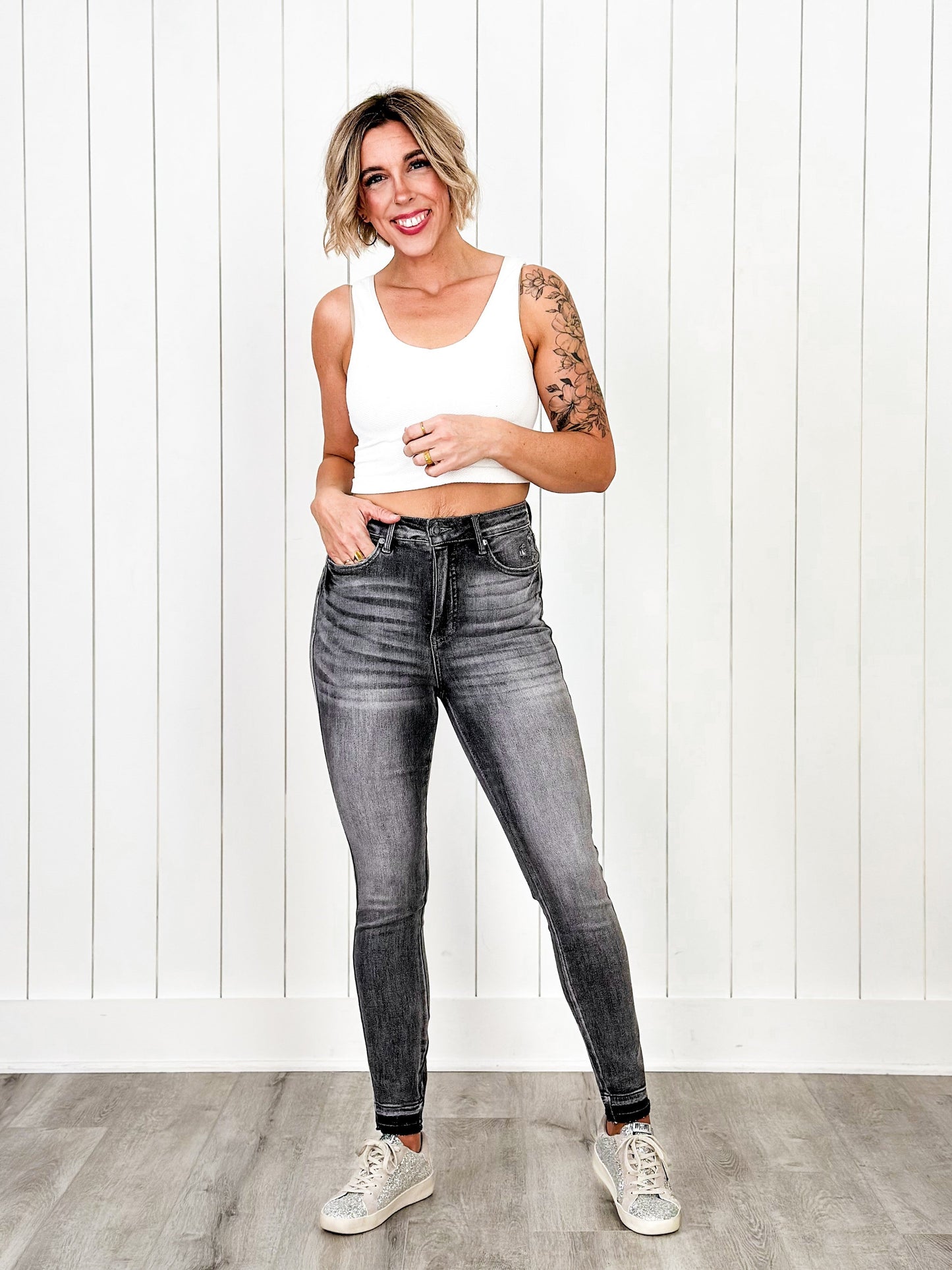 Judy Blue 50 Shades of Grey High Rise Grey Wash Tummy Control Skinny Jeans With Release Hem
