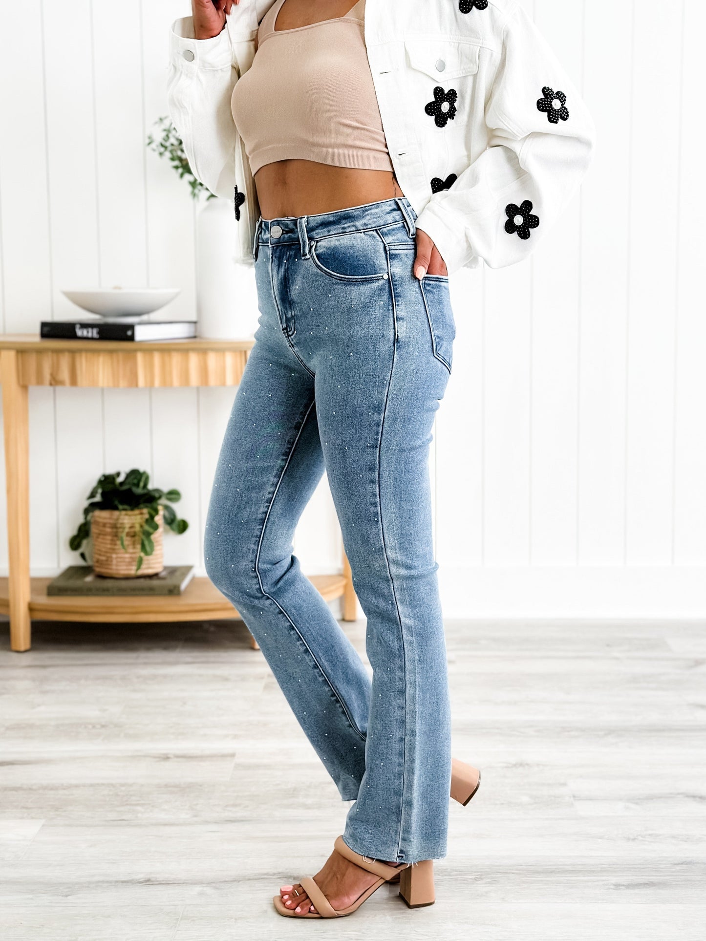 Risen Medium Wash High Rise Slim Straight Jeans With Rhinestones