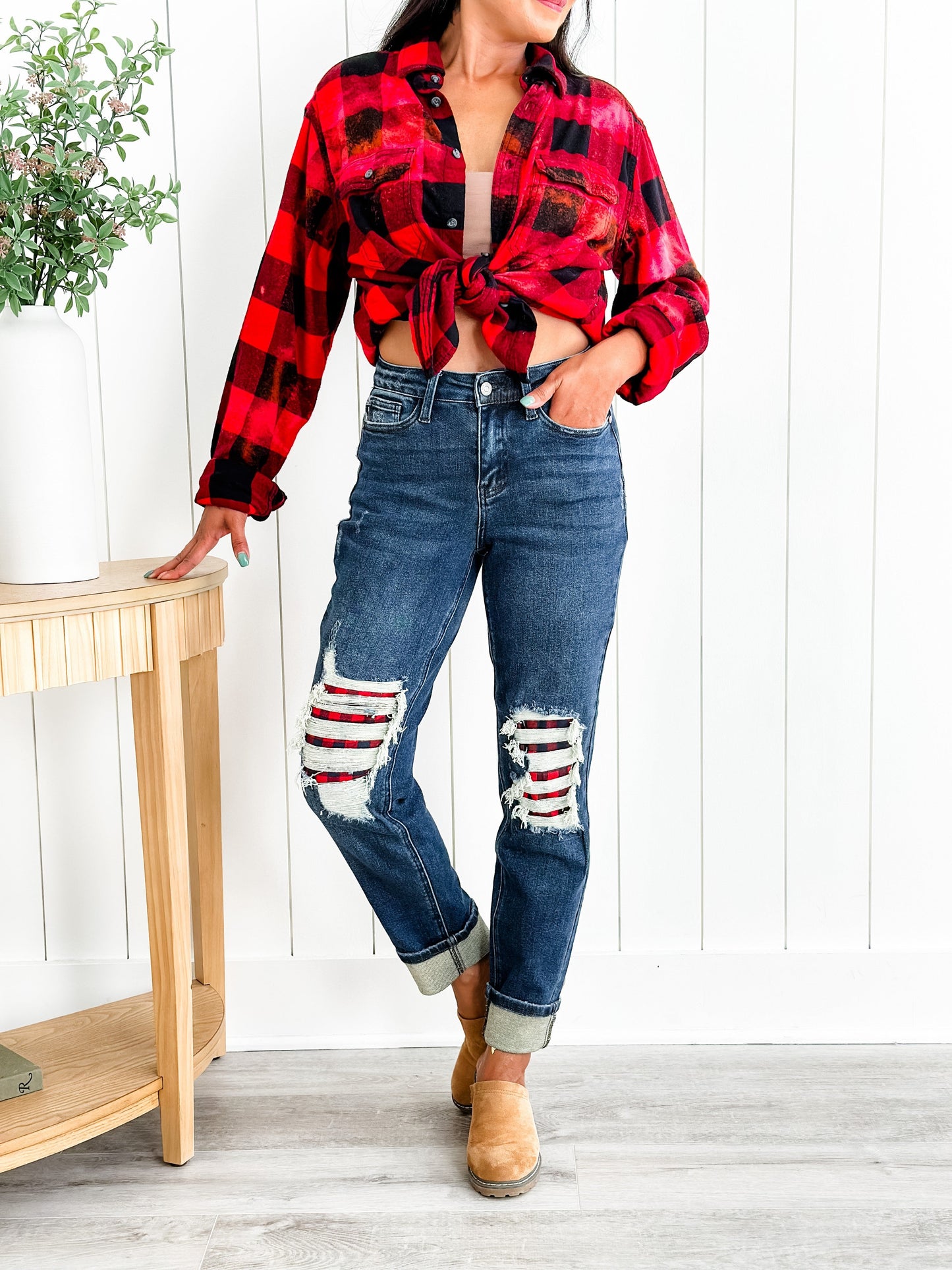 Judy Blue Warm and Cozy Mid Rise Dark Wash Boyfriend Buffalo Plaid Knee Destroy Patches With Cuff Jeans