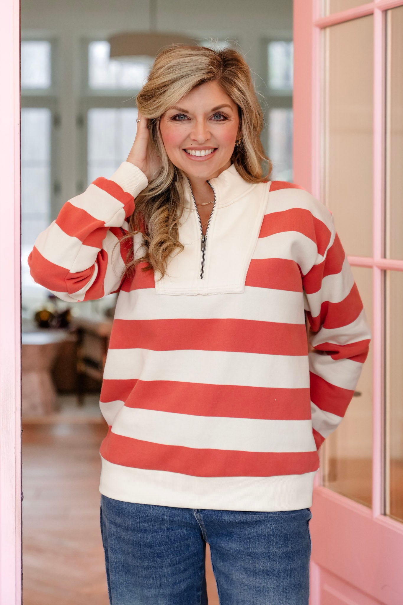 Wide Stripe Long Sleeve Half Zip Up Sweatshirt