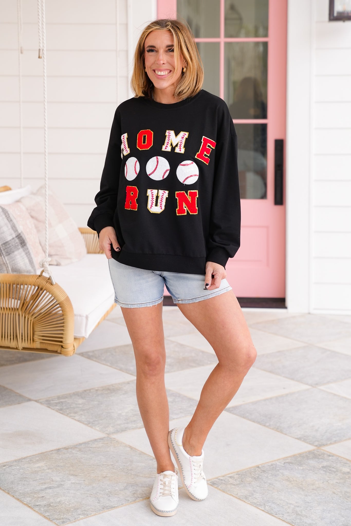 Long Sleeve " Home Run" Baseball Patches Pullover Sweatshirt with Sequin Detail