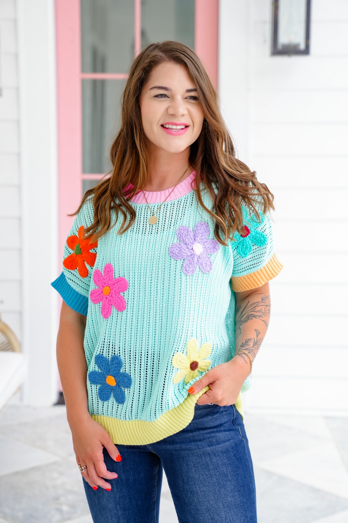 Loose Knit Short Sleeve Sweater with Crocheted Flower Detail