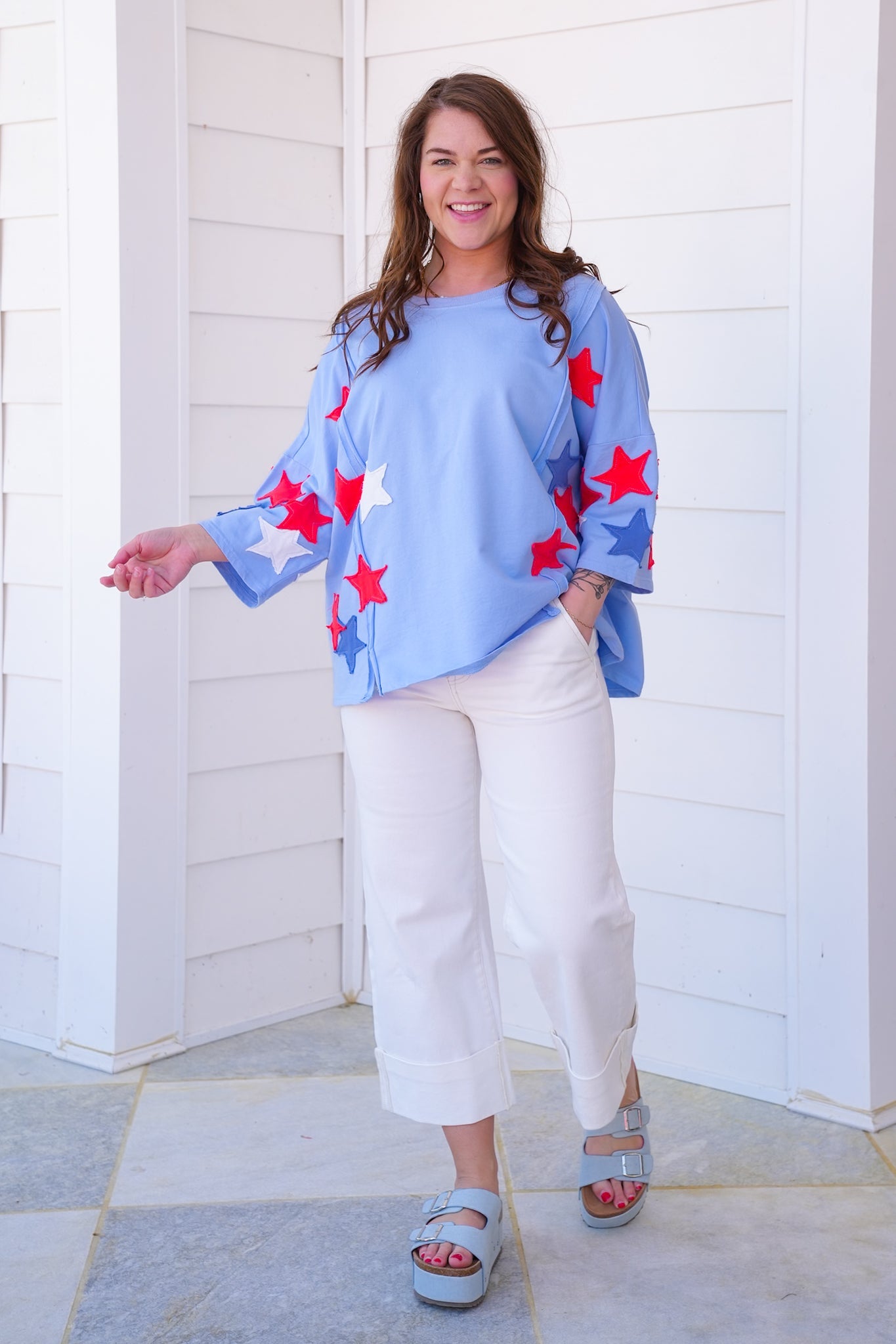 Restock! Plus/Reg Knit 3/4 Sleeve Pullover Top with Star Patch Detail