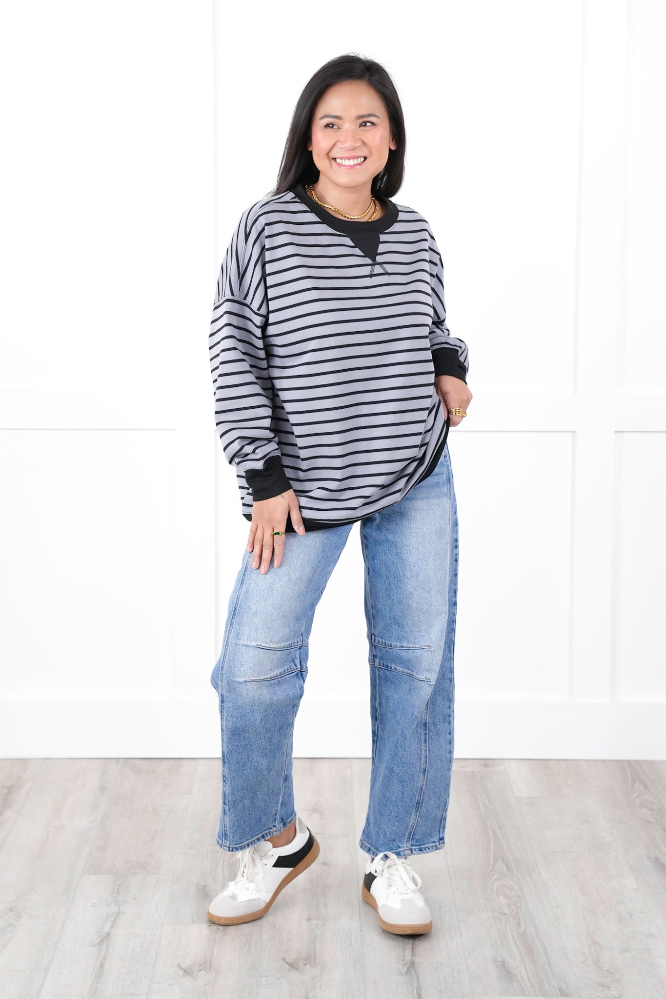 Striped French Terry Long Sleeve Pullover Sweatshirt