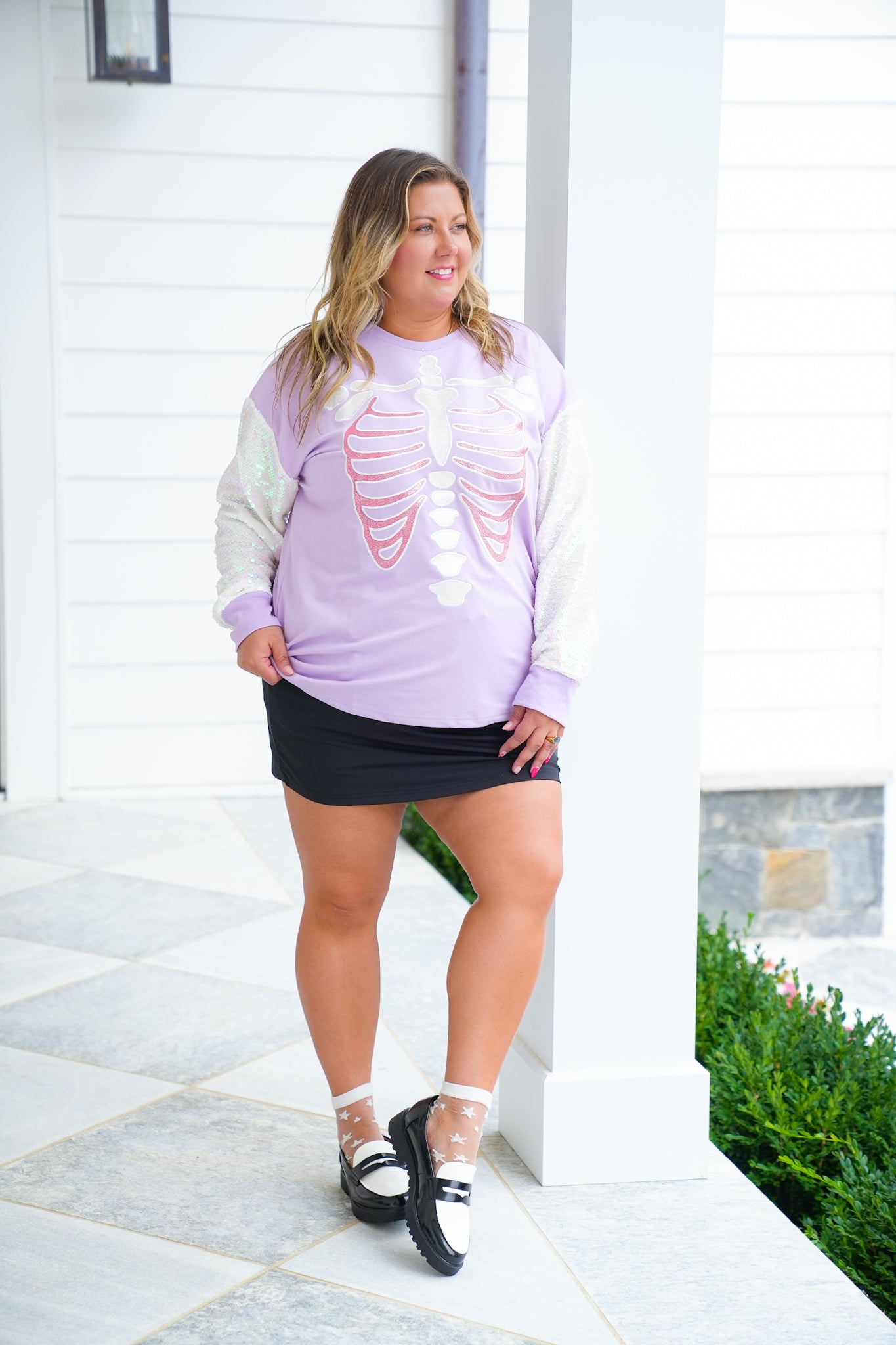 Plus/Reg Glitter Skeleton Long Sleeve Top with Sequins