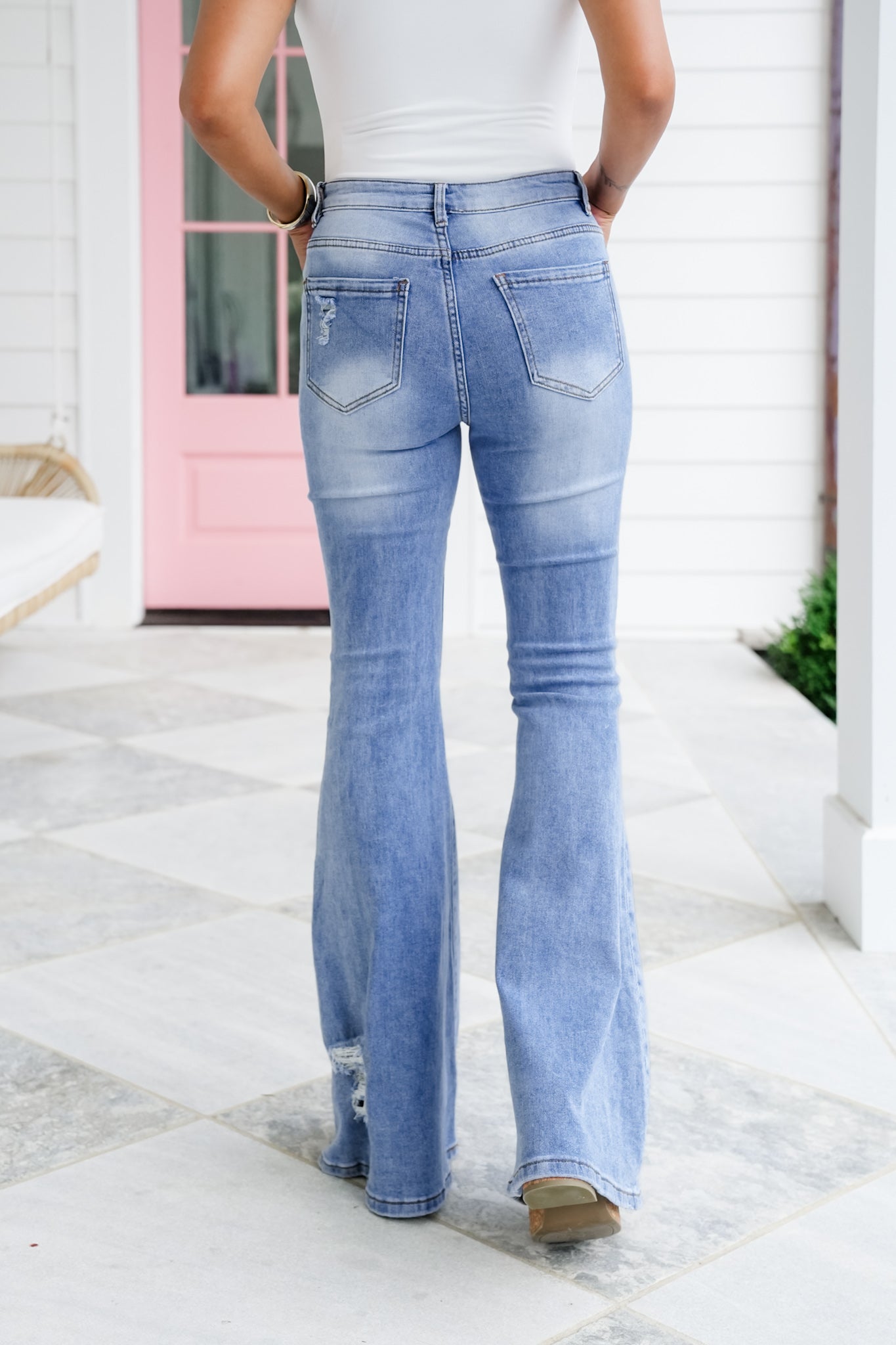 Distressed Denim Flare Jeans with Leopard Detail