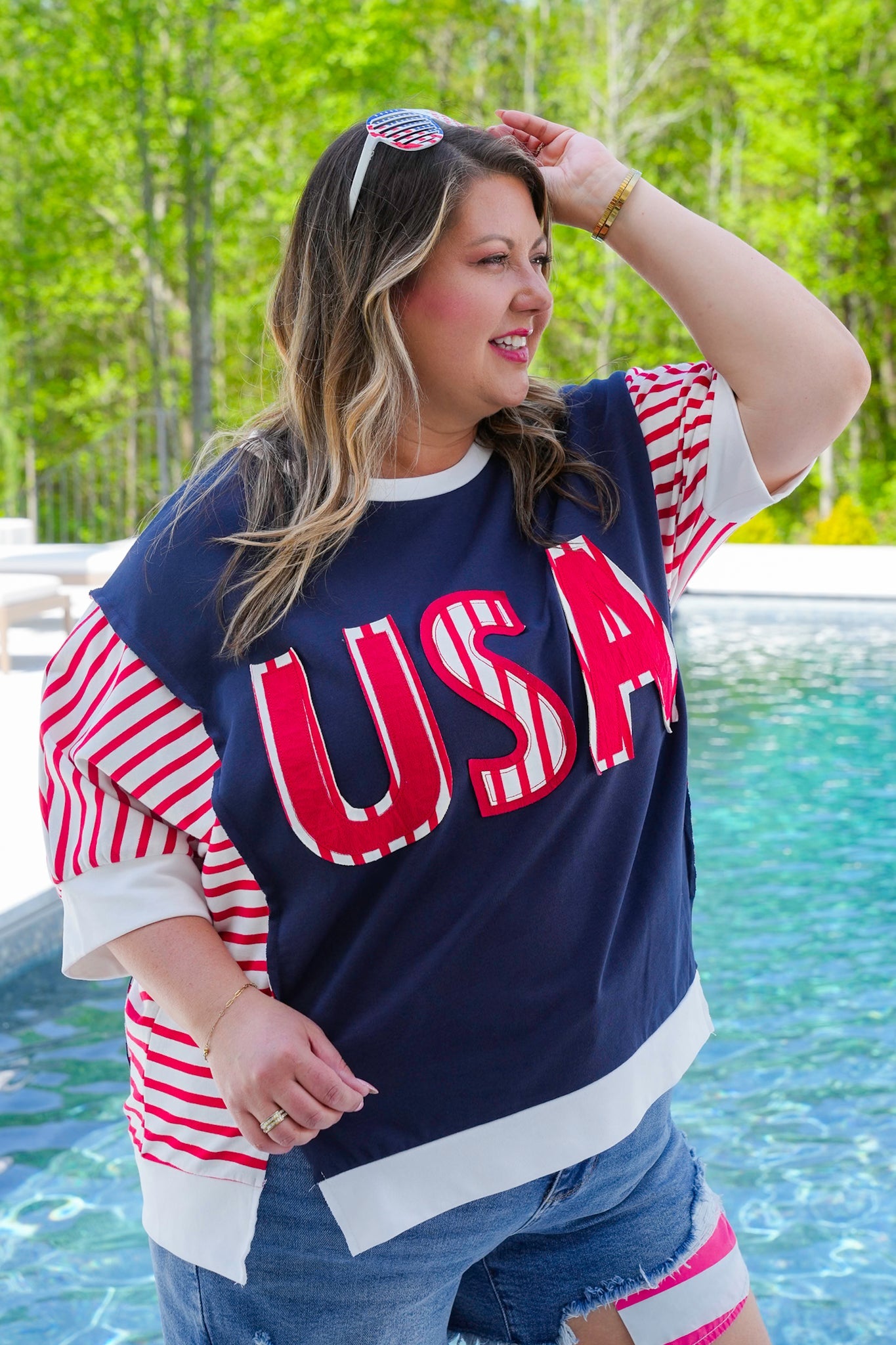Restock! USA Lettering Patchwork Short Sleeve Pullover Top