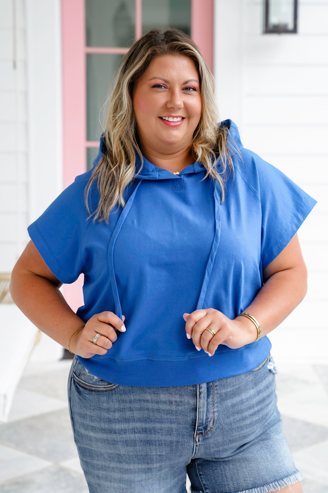 Plus/Reg Cotton Blend Short Sleeve Hoodie Top