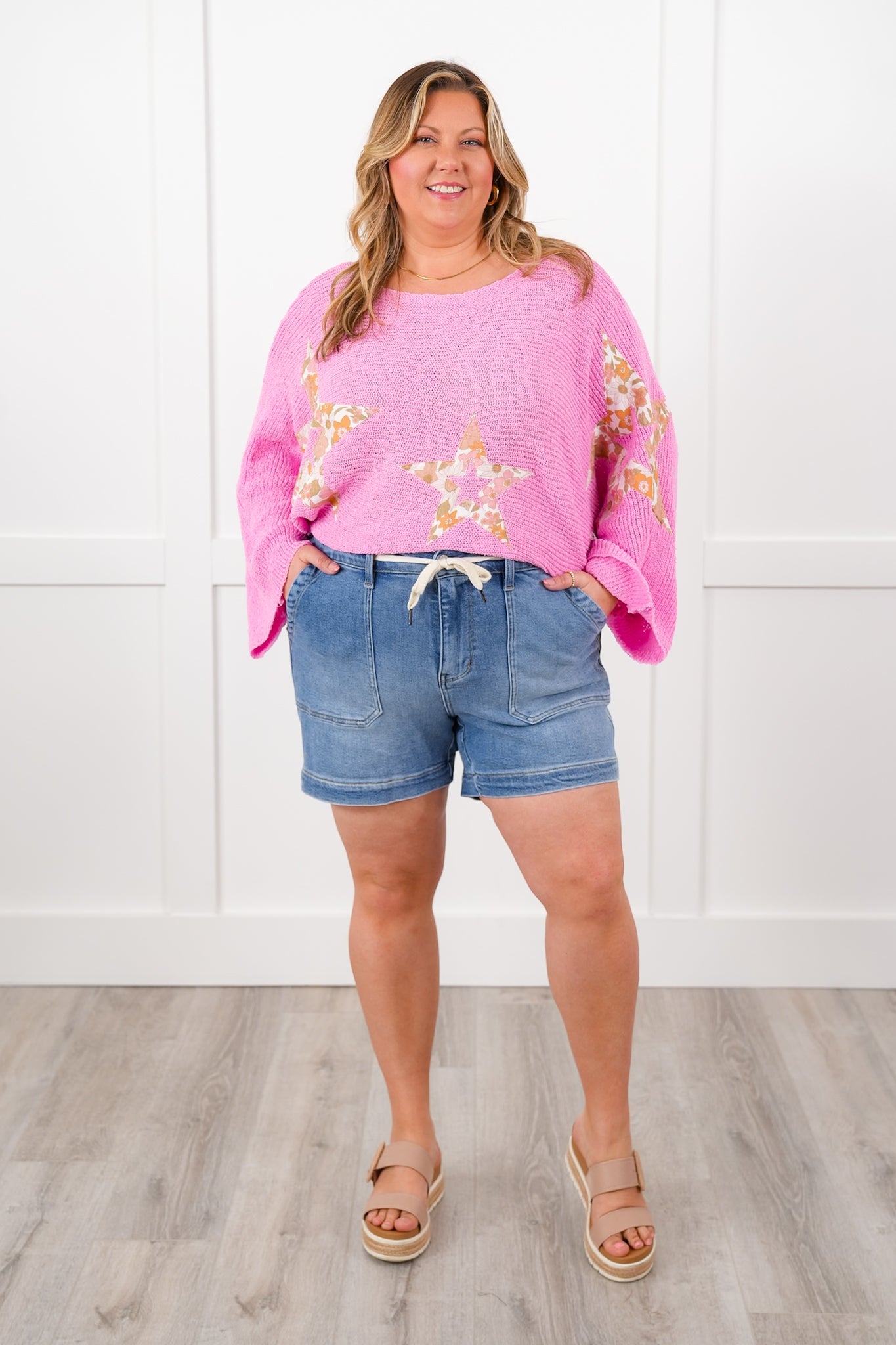 POL Long Dolman Sleeve Cropped Sweater with Floral Star Patch Detail