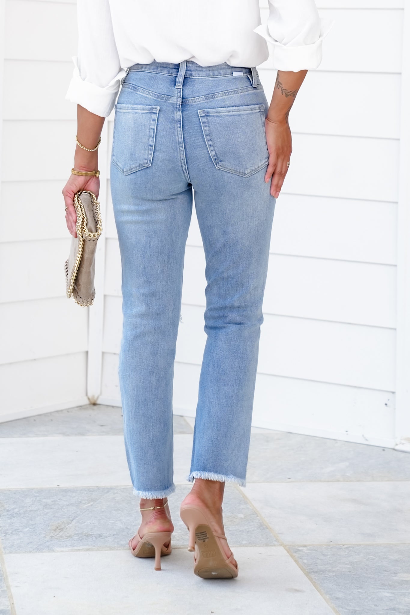 RFM High Rise Light Wash Step Fray Hem Slim Straight Leg Jeans