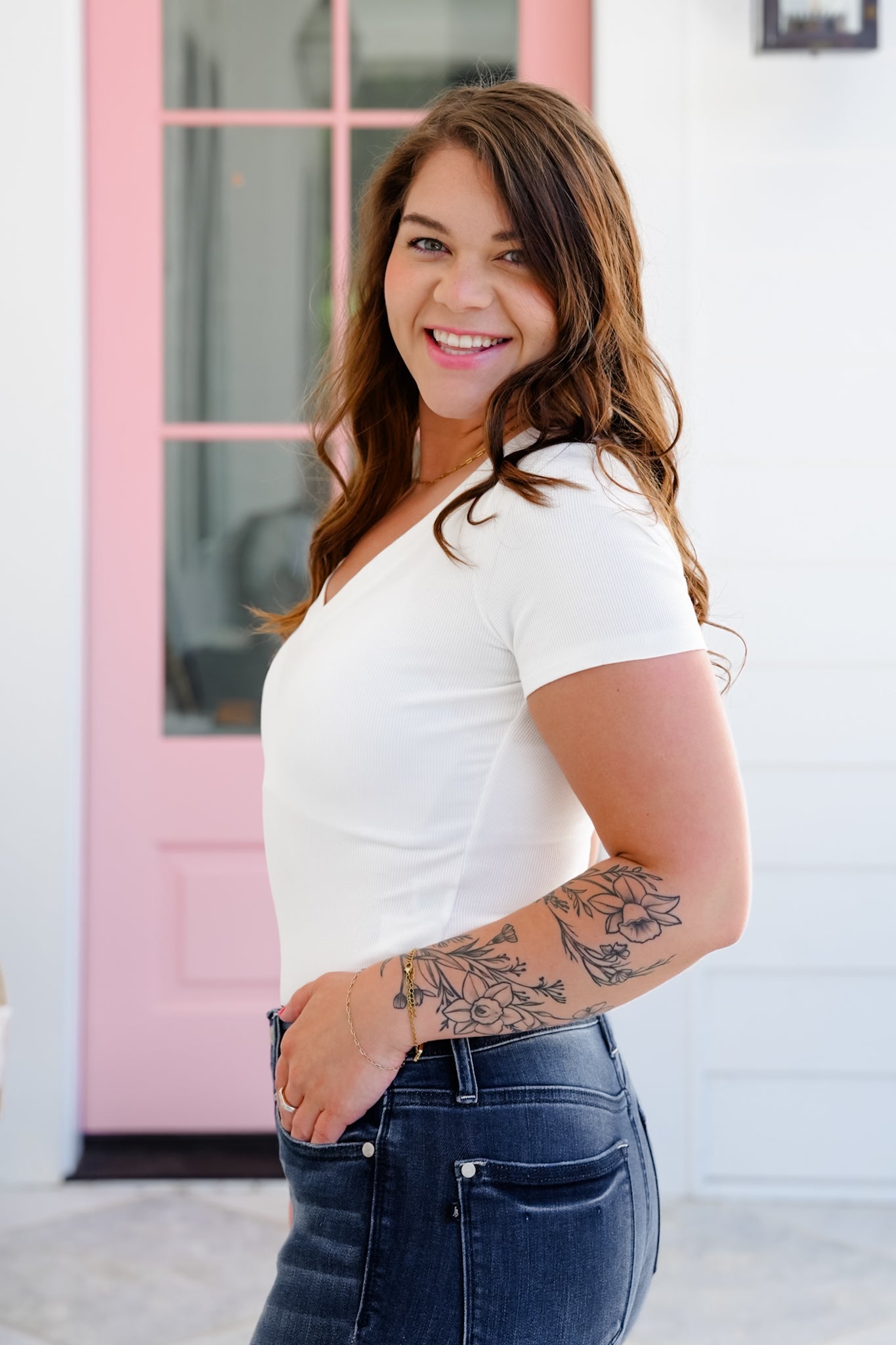 Ribbed Knit Short Sleeve V Neck Bodysuit