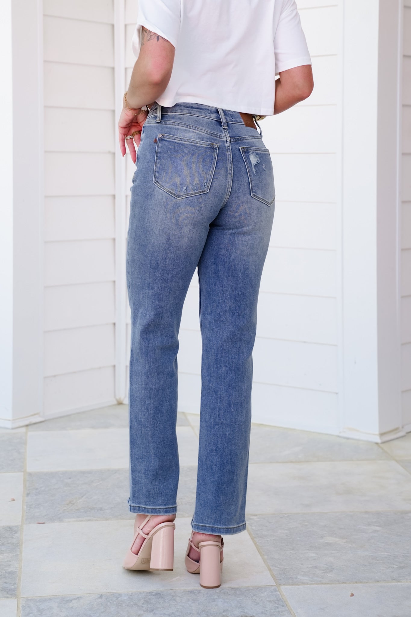 Judy Blue High Rise Medium Vintage Wash Straight Leg Jeans with Front Seam and Slit