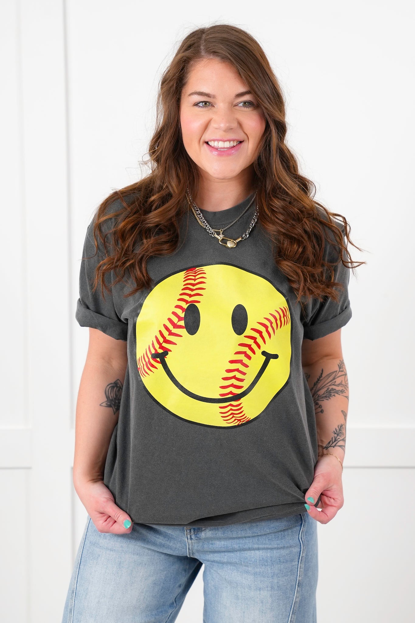 Plus/Reg Short Sleeve Softball Happy Face Graphic Tee