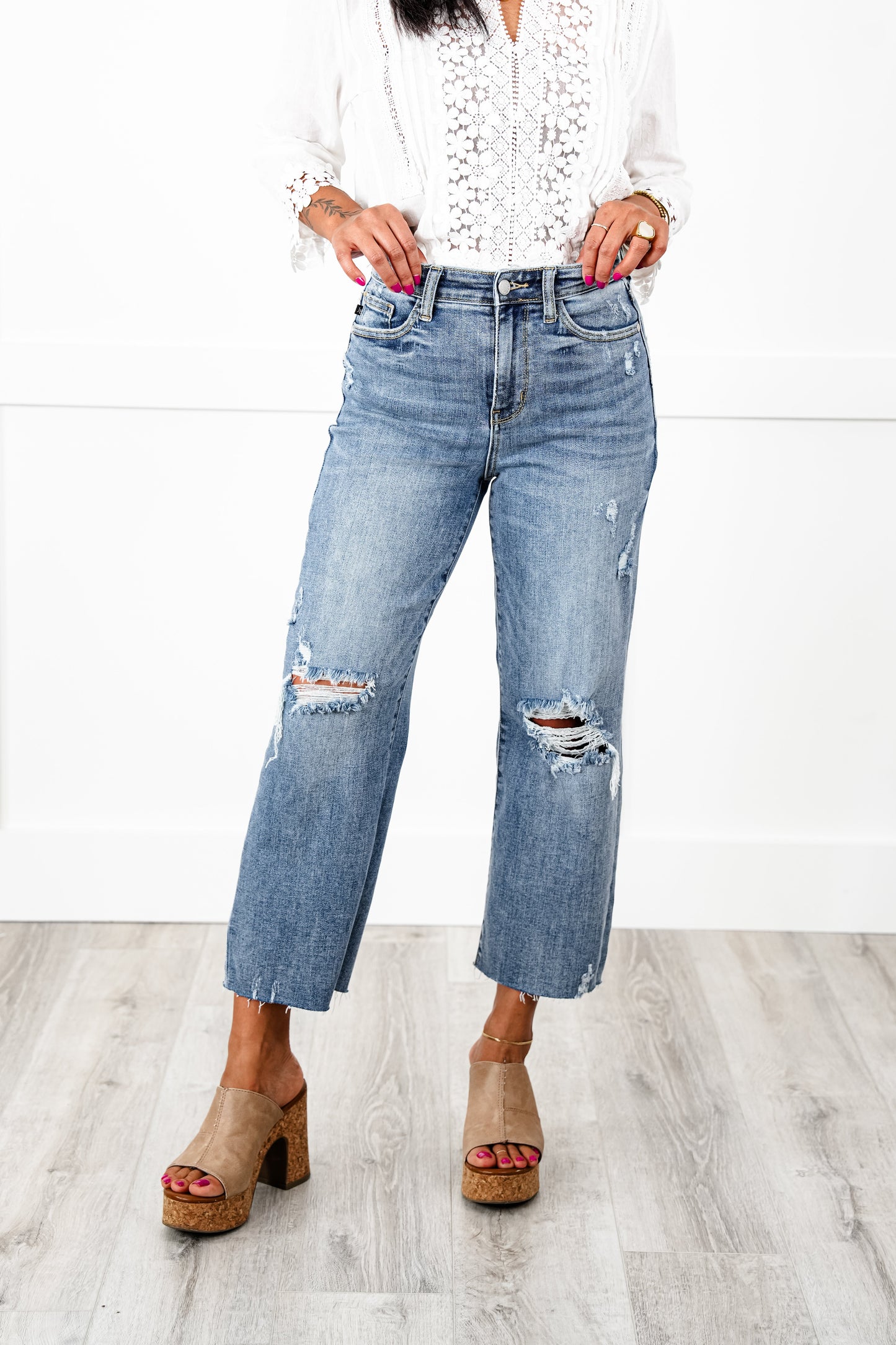 Judy Blue About Last Night Light Wash Destroyed Wide Leg Cropped Jeans