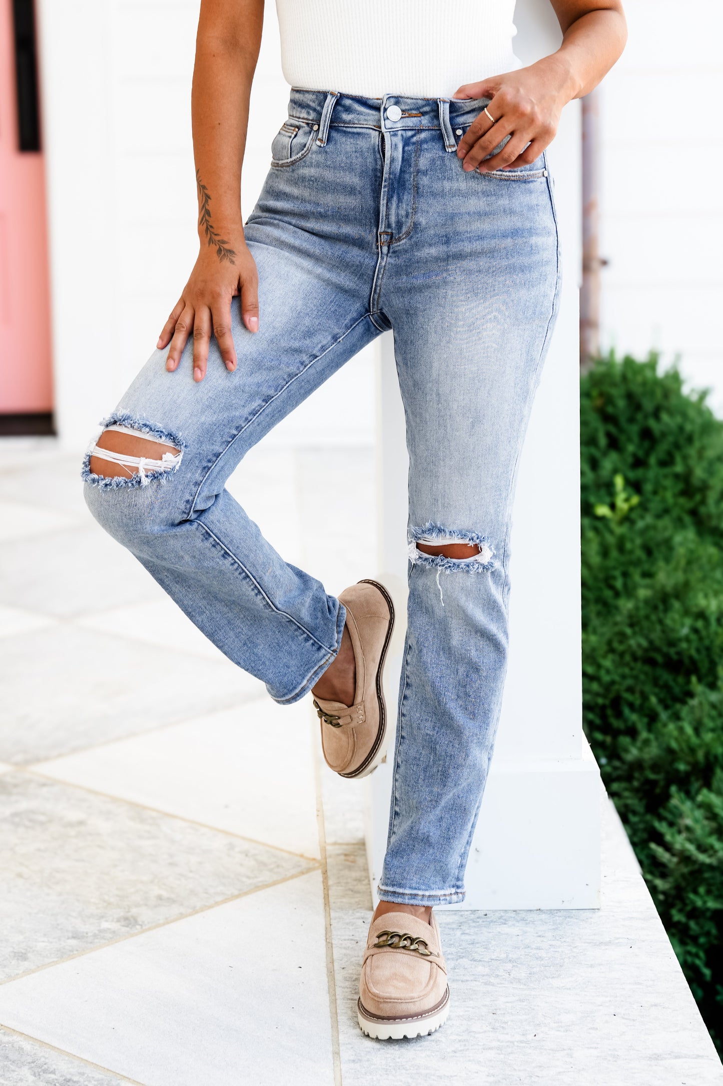 Risen Trophy Wife High Rise Medium Wash Ankle Slim Straight Leg