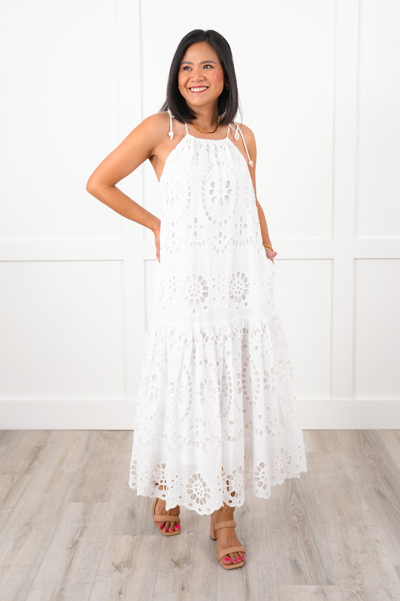 Sleeveless Eyelet Maxi Dress with Adjustable Shoulder Straps