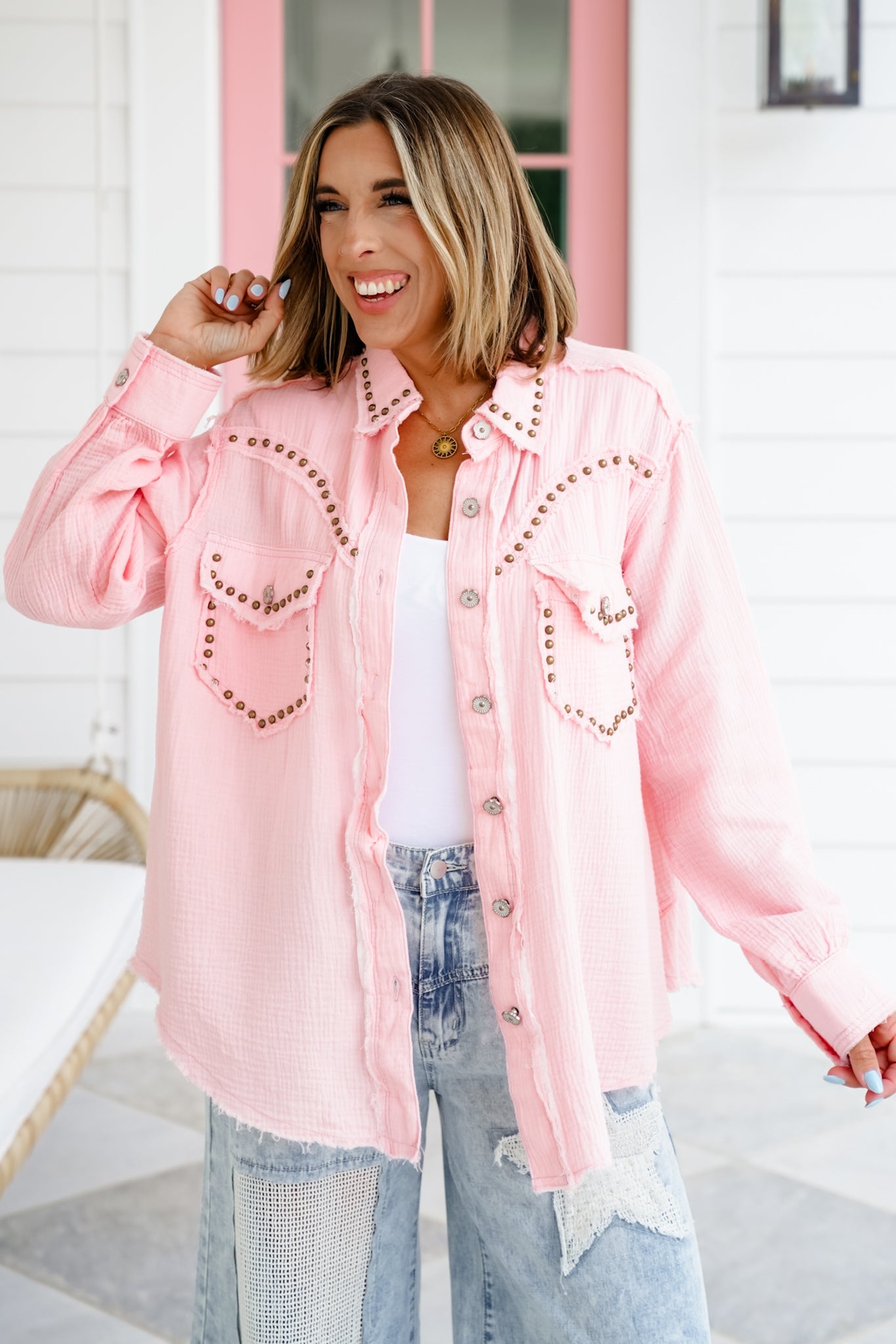 POL Gauze Long Sleeve Button Down Shacket with Stud Detail - More Colors!